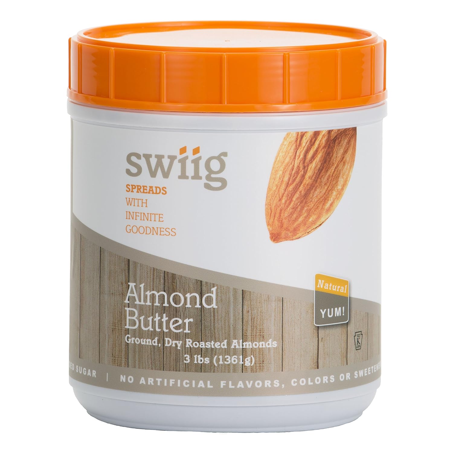 swiig Natural Almond Butter, Made with ONLY Ground, Dry Roasted Almonds, No Added Sugar, No Artificial Flavors, Colors or Sweeteners, 3 Pound Jar