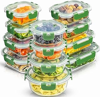 24pc Borosilicate Glass Storage Containers with Lids | 12 Airtight/Freezer Safe Food Storage Containers for Pantry and Kitchen | Meal Prep Container for Lunch | Glass Tupperware Set