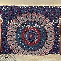 Vista 52 de Bless International - Tapiz de cama para colgar en la pared con mandala de pavo real bohemio y psicodélico (azul dorado, rosa, tamaño Queen