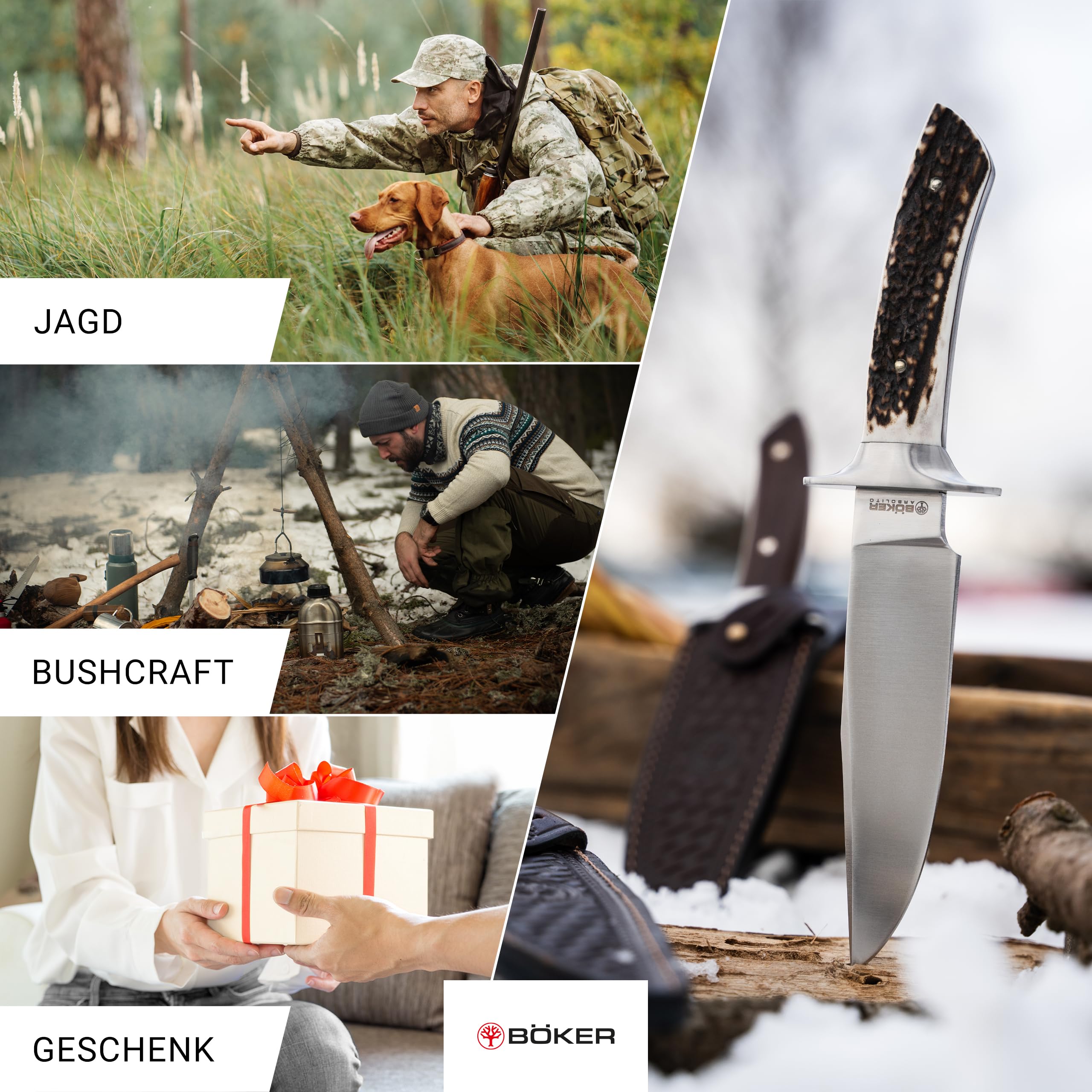 Böker ARGENTINIA® Torito HX - Outdoor Jagdmesser mit feststehender Klinge 16,2 cm - Fulltang Messer mit Hirschhorngriff echt - Hunting Knife mit Lederscheide braun - Survivalmesser mit Parierelement