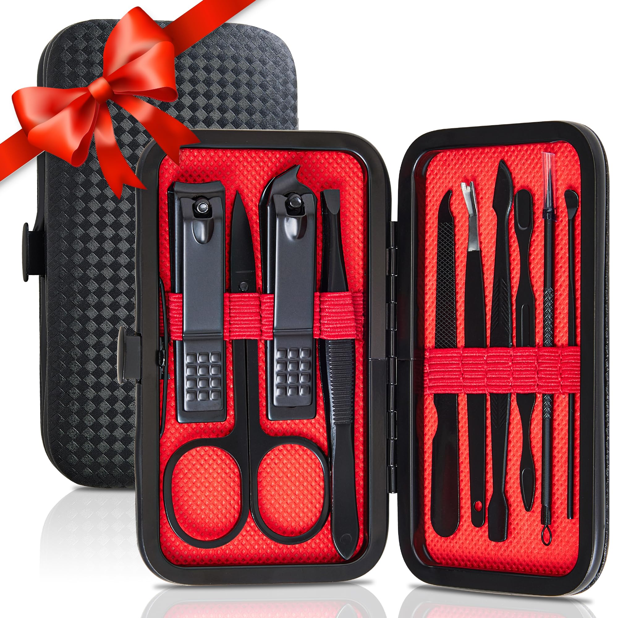 Manicure Set 10 in 1 Mens Gifts Travel Nail Clippers Set for Him, Mens Grooming Manicure Kit Pedicure Tools for Men Women Girls Boys Parents Husband Wife with Black Leather Case