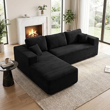 106" Cloud Couch Modular Sectional Sofa, Corduroy L Shaped Boneless Couch for Living Room, 3 Seater - Facing Chaise with Pillows Black, 3 Seater - Left Facing Chaise