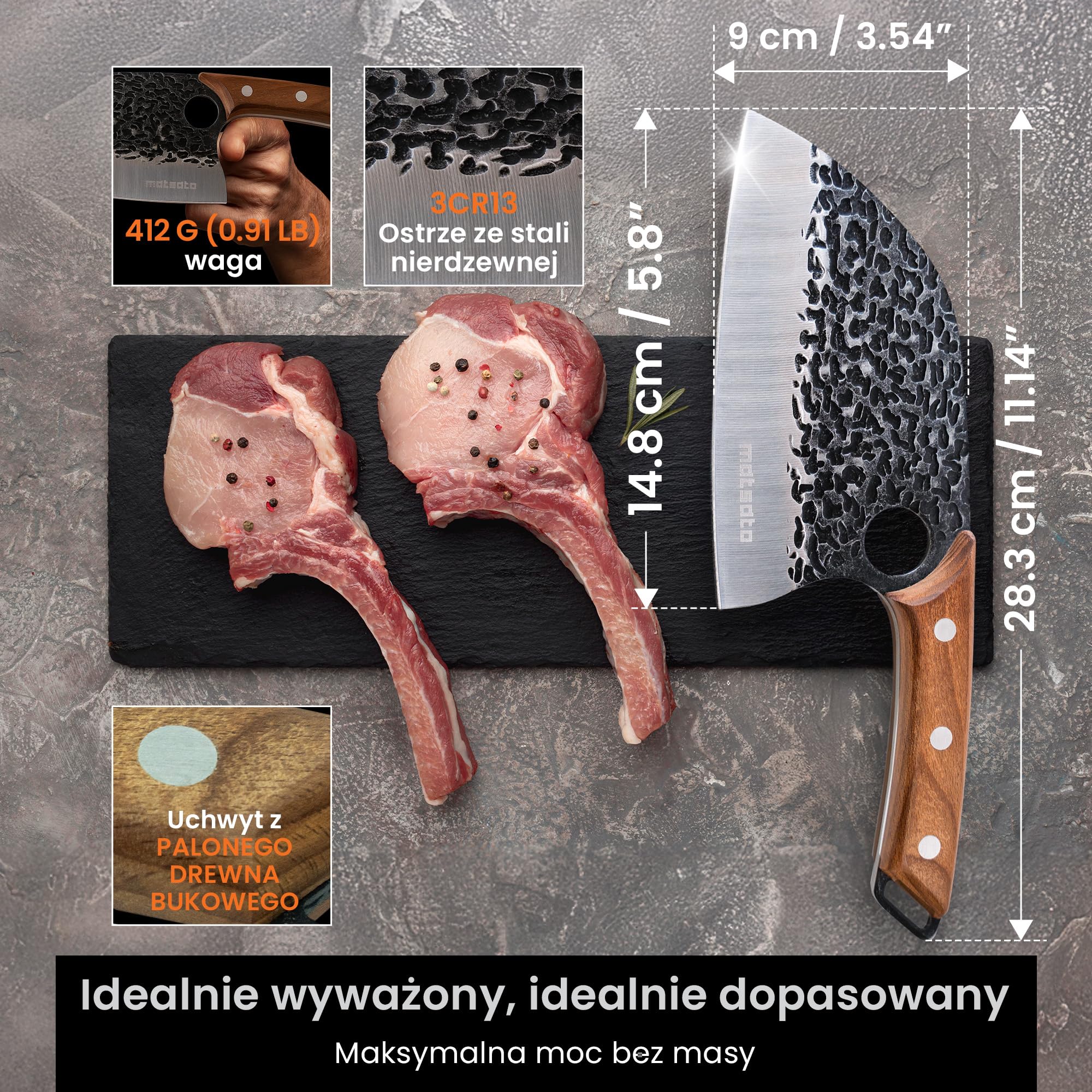 Matsato Zestaw 3 Noży Kuchennych Stal Nierdzewna Bukowy Uchwyt | Nóż szefa kuchni, nóż do mięsa, nóż uniwersalny. Rączka z drewna bukowego.