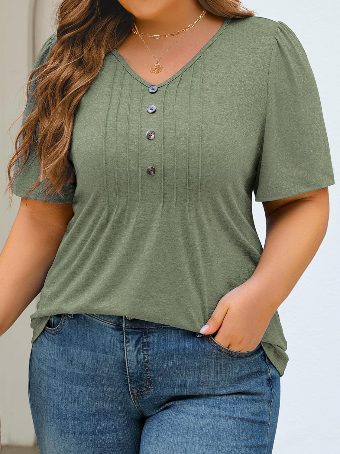 Womens Plus Size Babydoll Peplum Cute Tops Summer Pleated Puff Sleeve V Neck Shirts Oversized Casual Tunic 1X-5X - Image 4