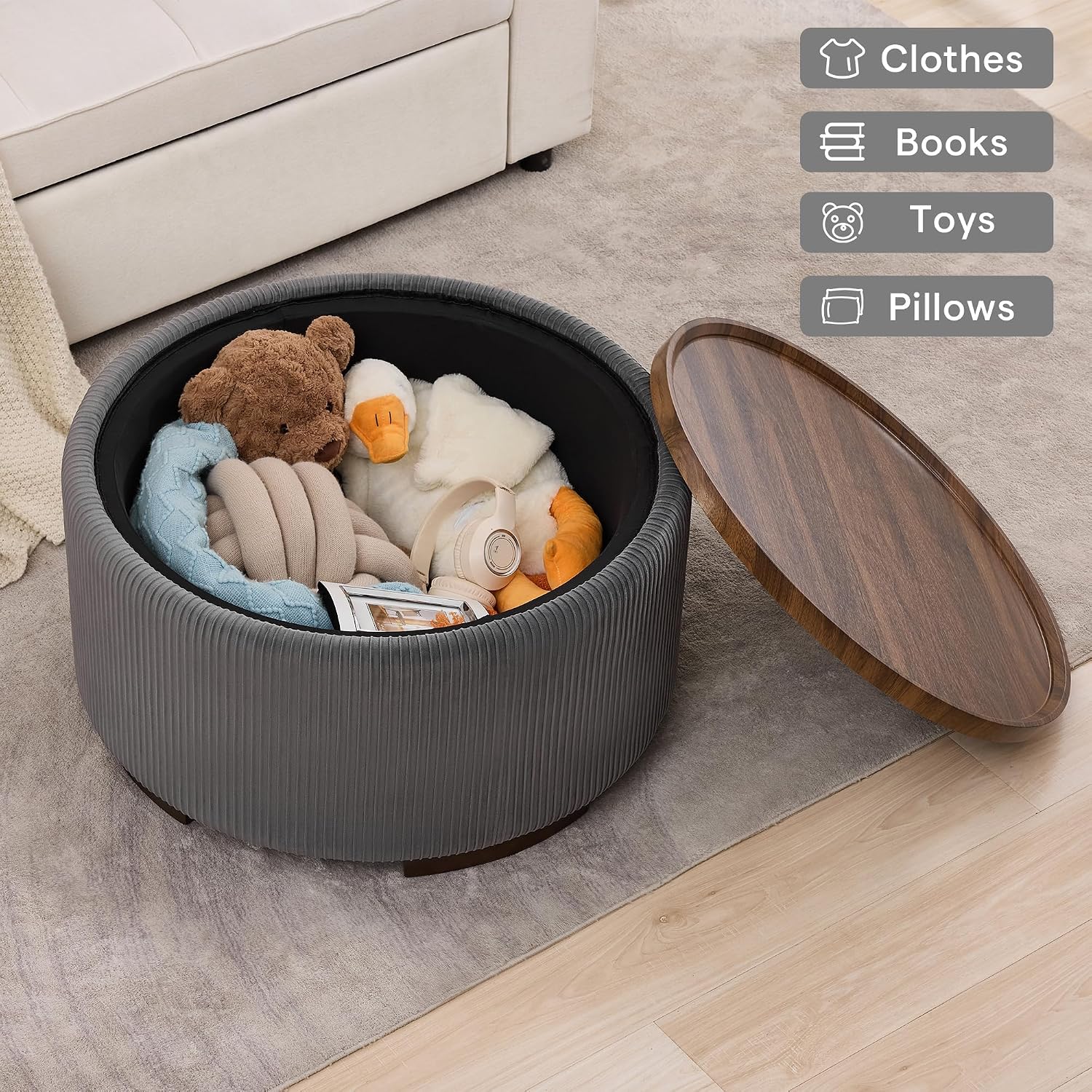 29.5 Inch Round Storage Ottoman Coffee Table,Modern Circle Coffee Table with Storage with Removable Lid Top and Solid Wood Legs,Large Round Ottoman for Bedroom,Living Room,Velvet,Grey