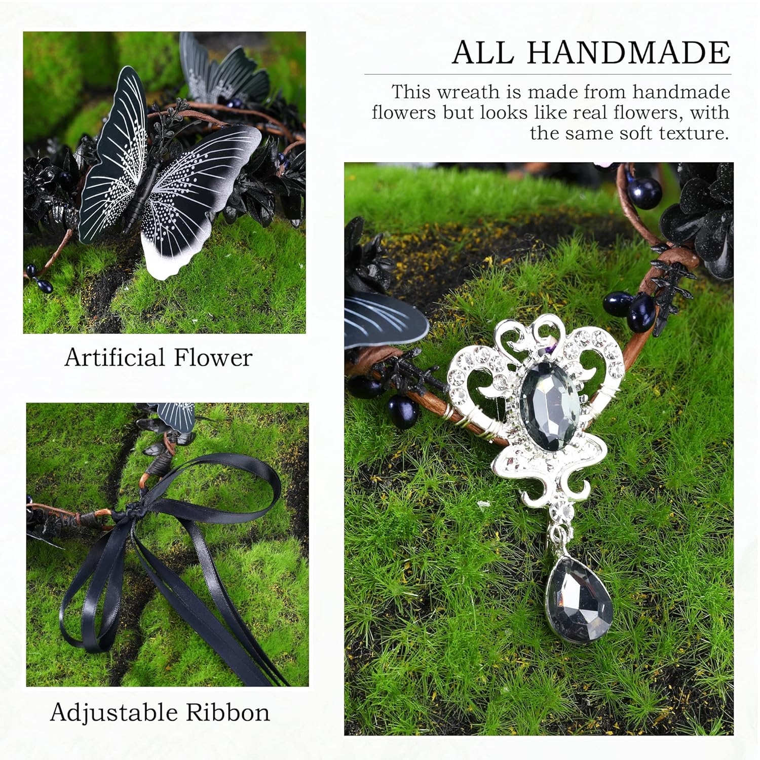 MOSTORY Handmade Dark Fairy Crown Black Butterfly Headpiece Woodland Elf Circlet Gothic Floral Tiara Headband for Women Girls Cosplay Wedding Birthday Renaissance Halloween - Image 6