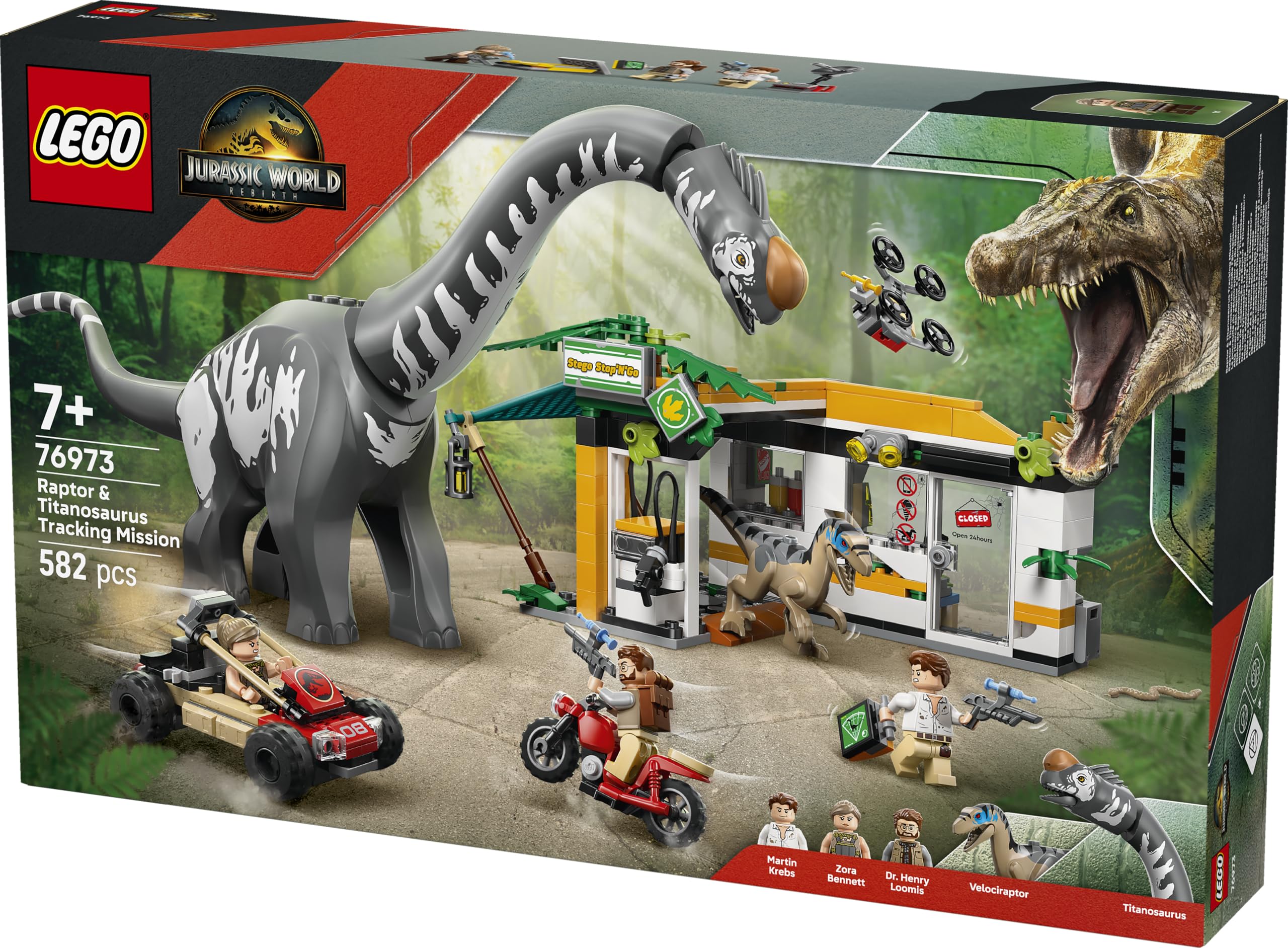 LEGO Jurassic World Na tropie tytanozaura i raptora 76973 | Figurki dinozaurów i pojazdy, zabawka dla 7-latka, prezent dla chłopca lub dziewczynki, klocki dla dzieci, 582 elementy