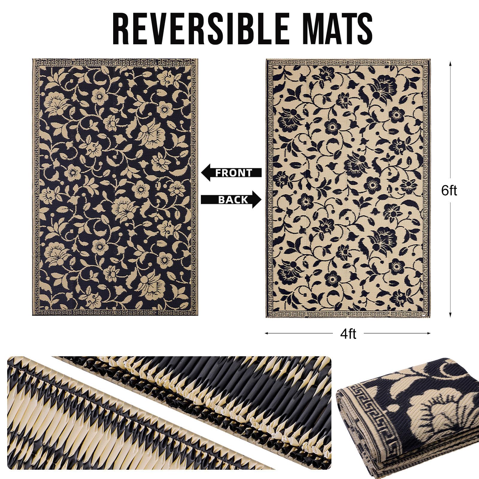smiry Alfombra de jardín impermeable para exteriores, resistente a los rayos UV, alfombra reversible de paja de plástico para balcón, camping, picnic, patio trasero, 120 x 180 cm, negro y beige, flor