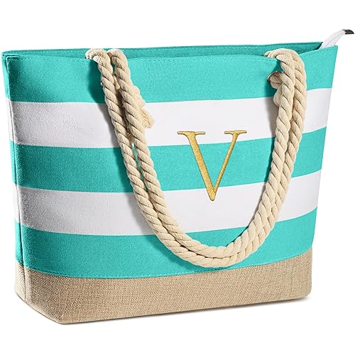 YOOLIFE Initial Canvas Waterproof Beach Tote Bag Zipper Personalized Gifts for Women Her Birthday Travel Beach Essential