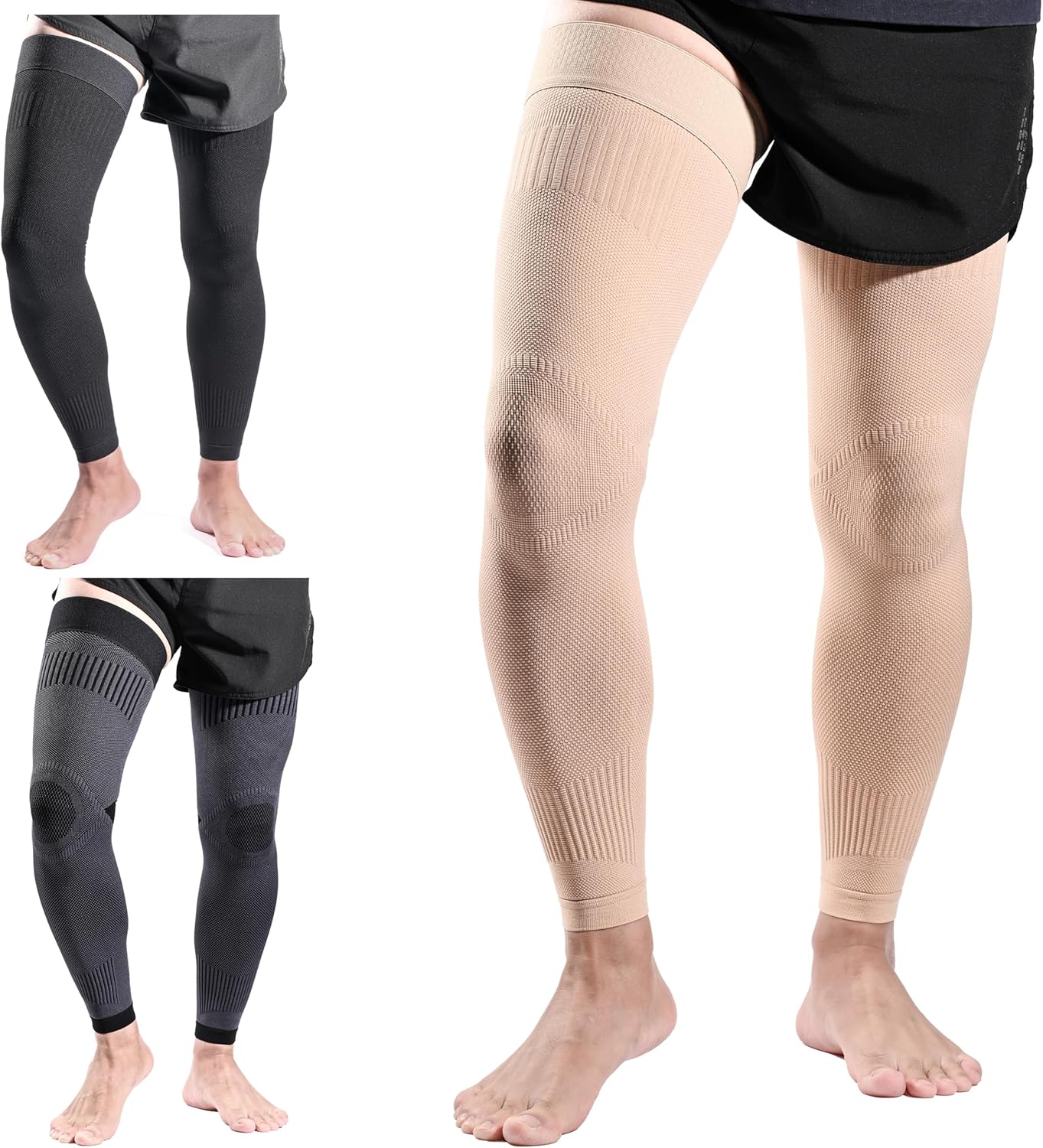 Full Leg Compression Sleeves for Men Women, Long Compression Knee Sleeves, Knee Braces Support for Knee Pain Relief, Arthritis, Muscle Recovery, Swelling, Inflammation, Basketball, Workout, Beige L