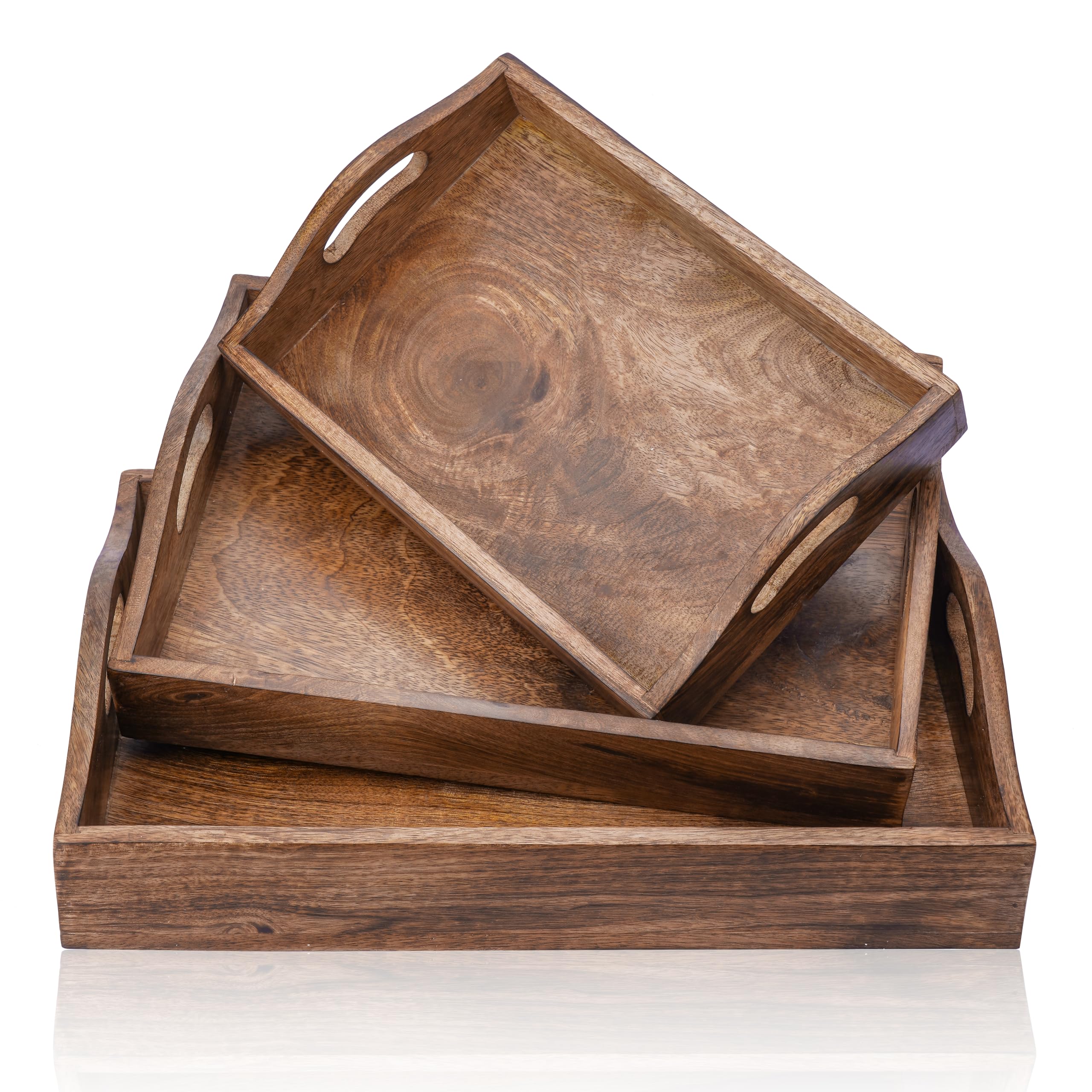 Ajuny Set of 3 Wooden Serving Tray with Handles Decorative Solid Plain Style Handcrafted Rectangular Platter for Snacks Coffee Tea and Versatile