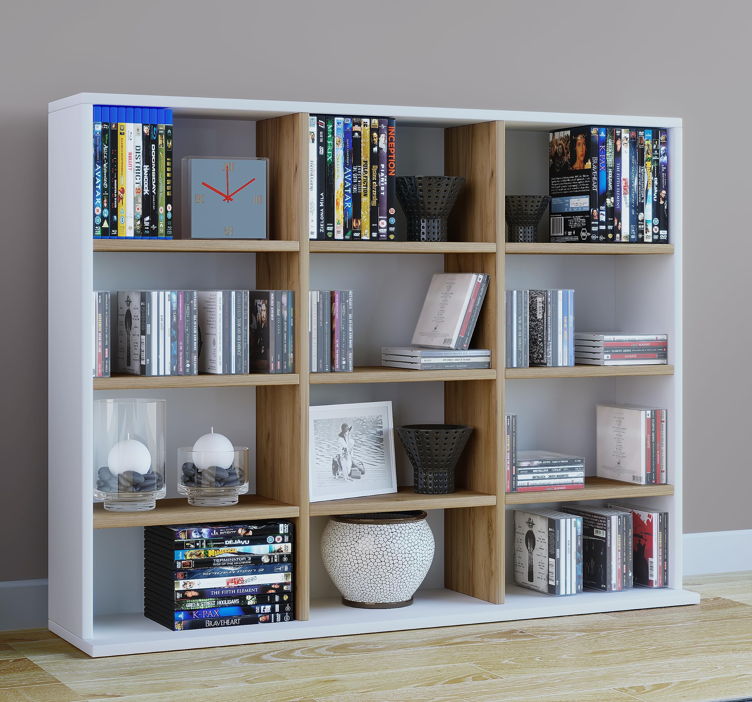 VCM Holzregal stehend, platzsparender CD-Schrank für 480 CDs oder 224 DVDs, Maße:H. 82 x B. 102 x T. 23 cm, Elegantes DVD Regal stehend, Blu-Ray Regal, CD Regal Megosa L