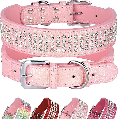 Didog Collar para perro con diamantes de imitación con deslumbrantes diamantes, collar de perro de piel sintética con purpurina de 1.5 pulgadas de