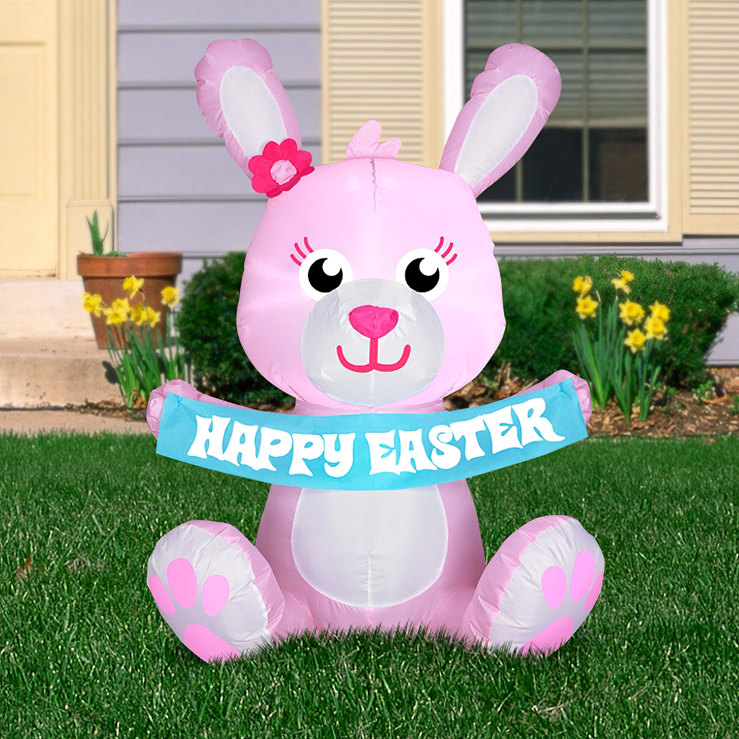 GemmyAirblown Inflatable Pink Easter Bunny, 3.5 ft Tall, Pink