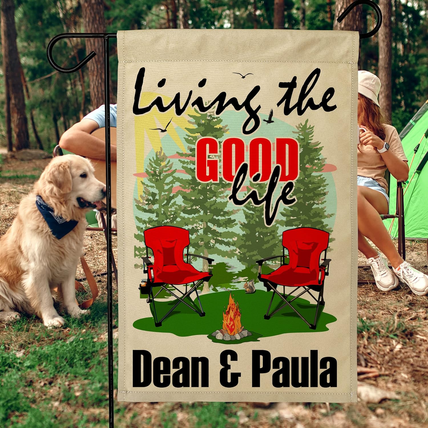 Living The Good Life Personalized Weather Resistant Camping Flag with Red Camp Chairs and Campfire, Printed on Tan Fabric