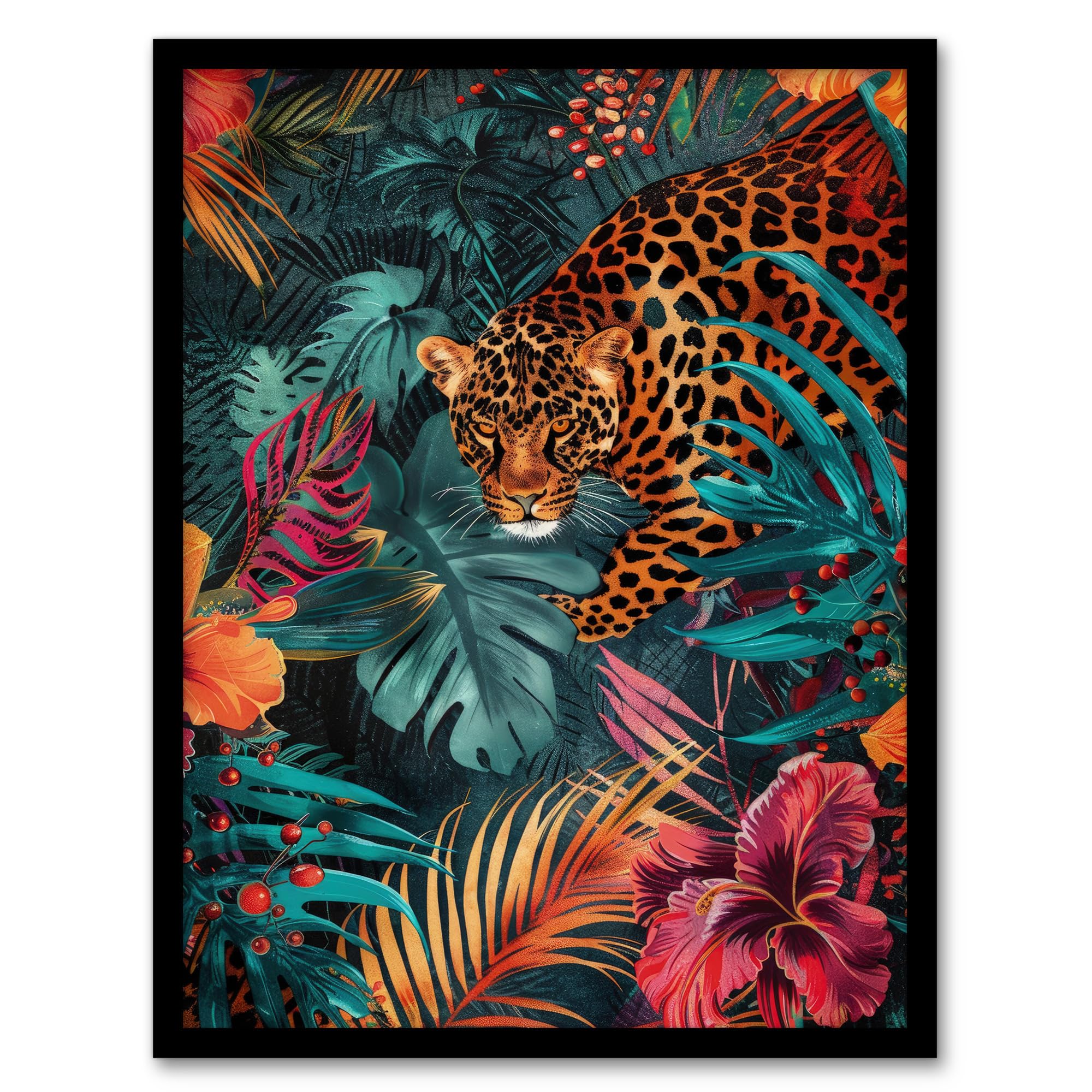 Artery8 Fierce Leopard Exotic Floral Jungle Plants For Living Room Artwork Framed Wall Art Print 18X24 Inch