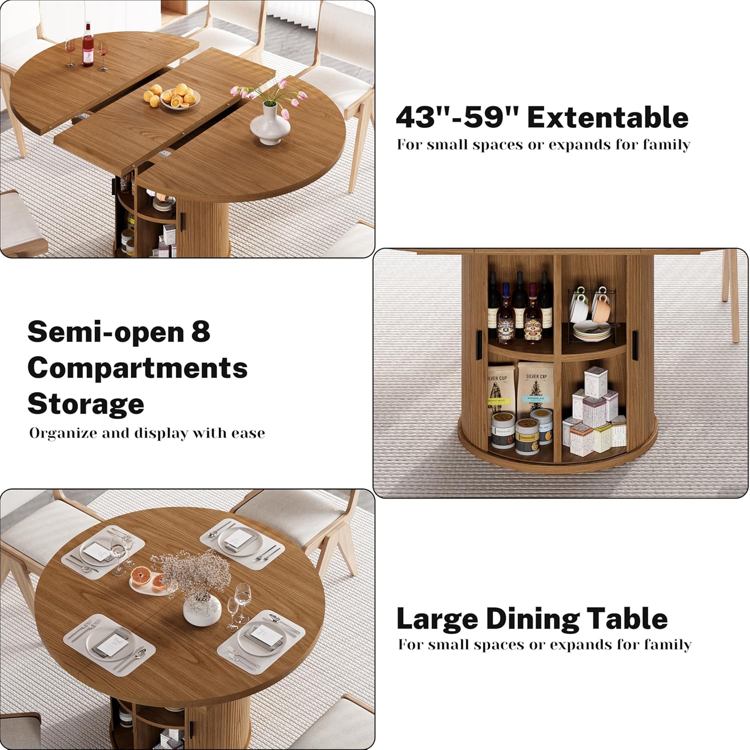 Vipbear Extendable Dining Table 43-59" for 4-6 People, Solid Wood Top with Fluted Slide Door & 8-Compartment Storage, Space Saving Round Dining Room Kitchen Dinner Tables with Pedestal Base (Walnut)