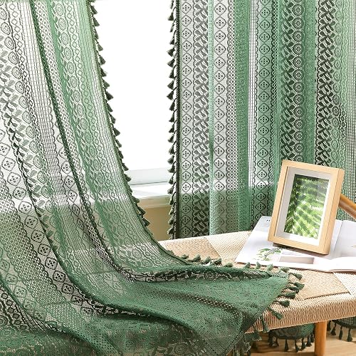 Dark Green Crochet Lace Curtains with Tassels 60 x 96 Inch, 2 Panels
