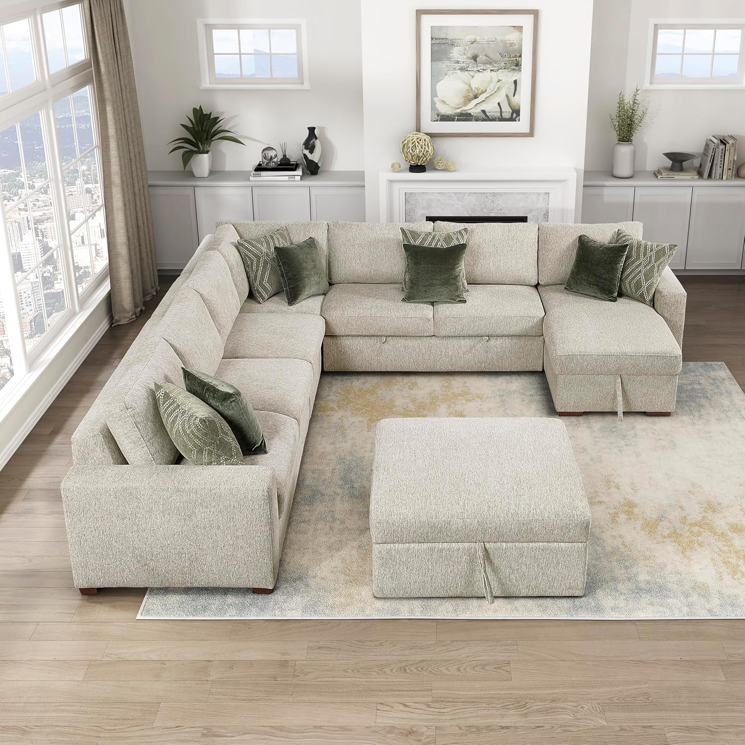 Lexicon 140 Inch Sectional Couches For Living Room-Modular Sectional Sofa, Pull Out Bed, Storage Ottoman, 8 Pillows, Reversible Storage Chaise, Adjustable Backrests, U Shaped 7 Seater, Microfiber Sand