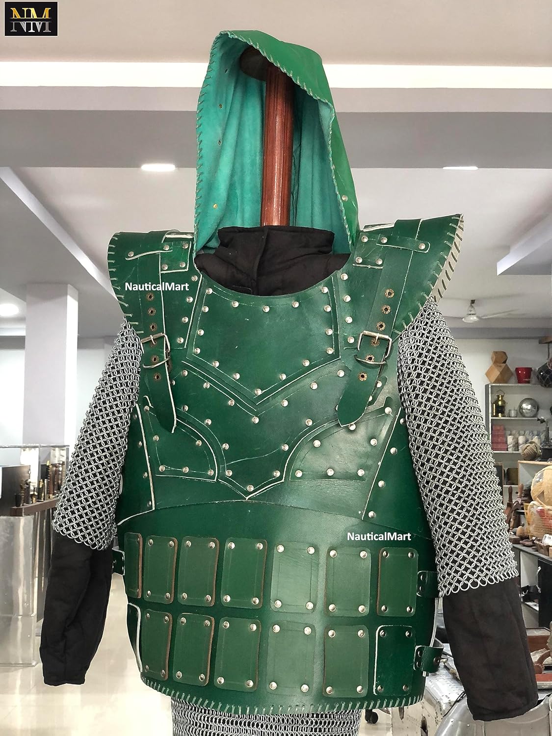 NauticalMart Medieval Leather Breastplate with Hood Viking Chest Armour Cosplay & LARP Halloween Wearable Costume Men's Knight Armor (Green)