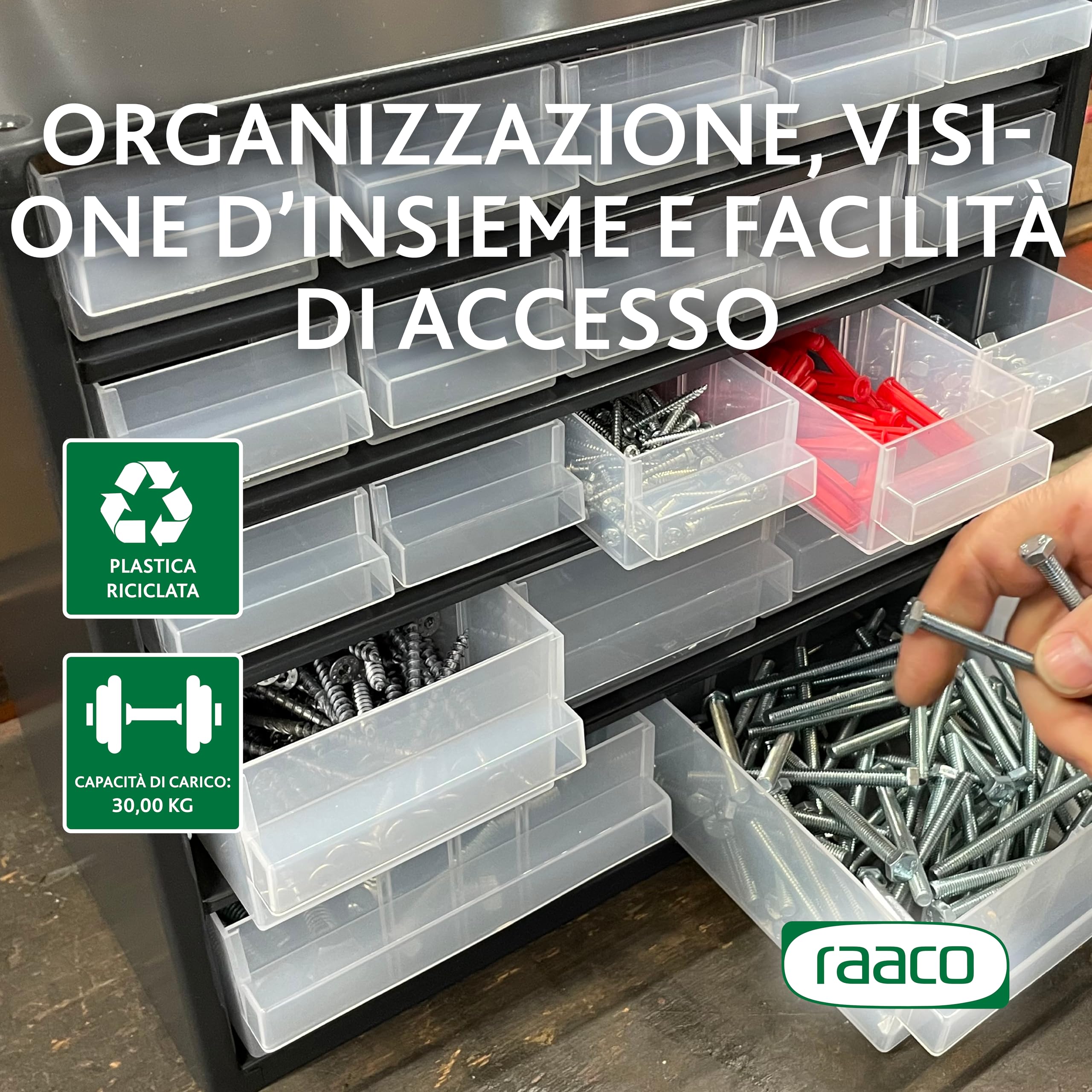 Raaco Contenitore per piccoli componenti C9-45, carico 30 kg, 15 x 30,6 x 42 cm, 45 cassetti, acciaio rivestito, adatto per montaggio a parete, scaffale per viti con scatole di smistamento per piccoli