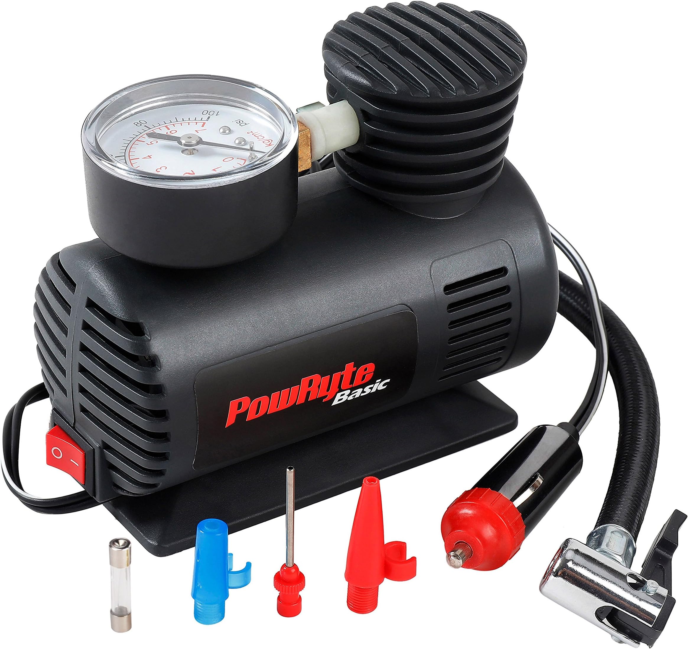 PowRyte Mini Tire Inflator - 12-Volt Portable Auto Air Compressor with Dial Gauge