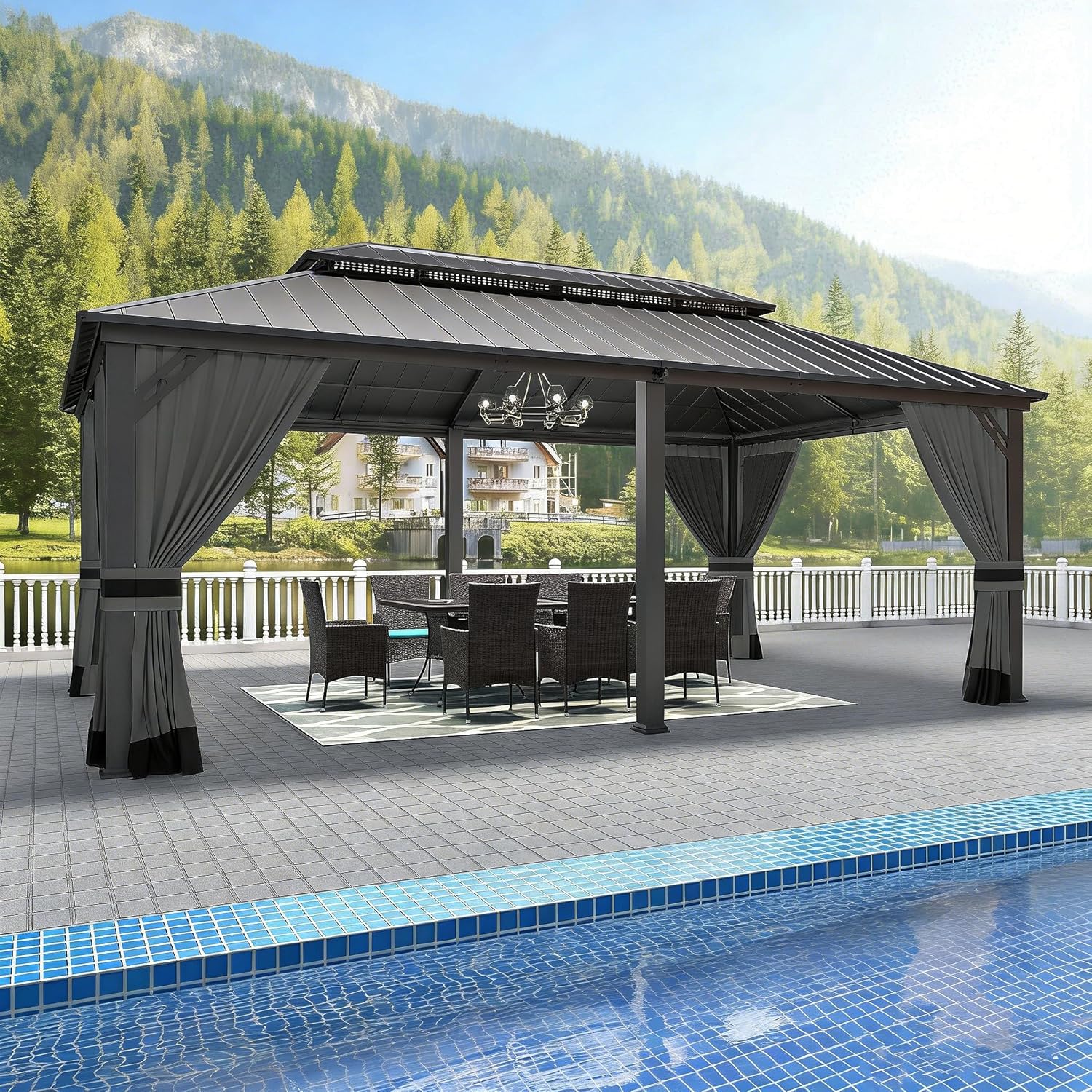 Gotland 12 x 20 FT Gazebo, Outdoor Gazebo with Double Galvanized Steel Roof, Curtains and Netting, Patio Gazebo for Patio Backyard Deck Lawn, Metal Pergola Grey