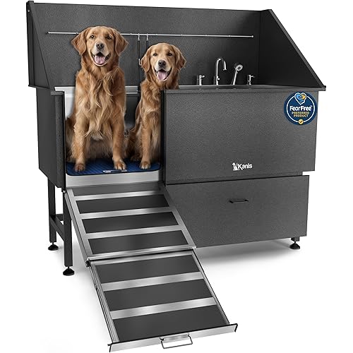 KANIS Professional Dog Washing Station - 304 Stainless Steel Pet Wash Sink & Grooming Bathtub w/Shower, Floor Grates and Storage for Large, Medium & Small Pets (61, Black 1 Drawer - Left RAMP)
