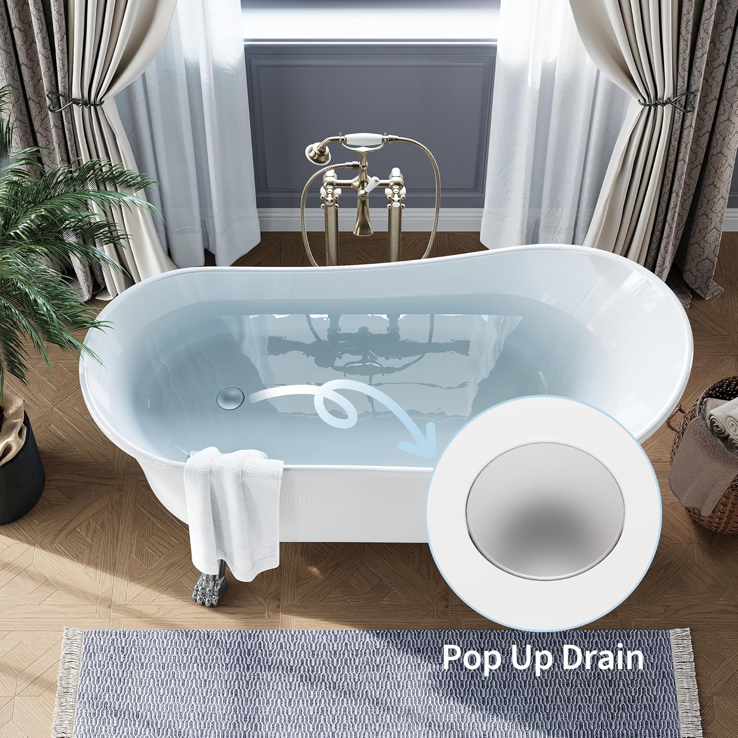 59 Inch Freestanding Bathtub Acrylic Clawfoot Slipper Soaking Tub with Chrome Feet & Pop-Up Drain, Vintage Free Standing Tub for Classic or Farmhouse Bathroom