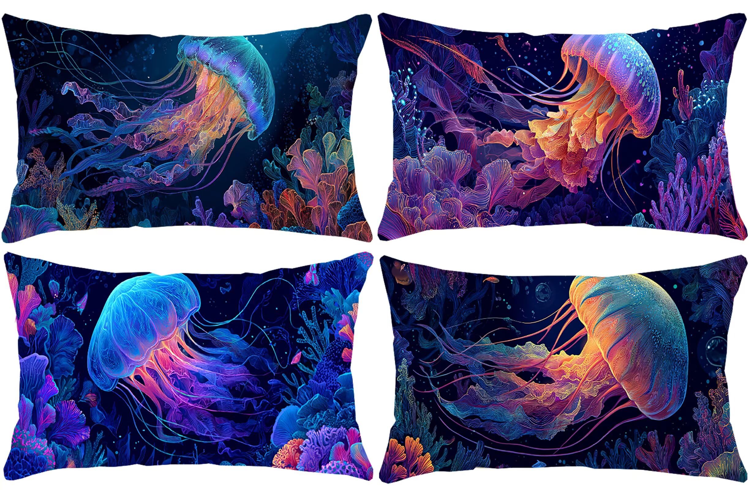 Prostokątne poszewki na poduszki, 50 x 102 cm, zestaw 4 szt., z nadrukiem meduzy, dekoracyjne poszewki na poduszki, dom wiejski, aksamitne, prostokątne, na wiosnę, lato, sofę, kanapę, łóżko, do pokoju