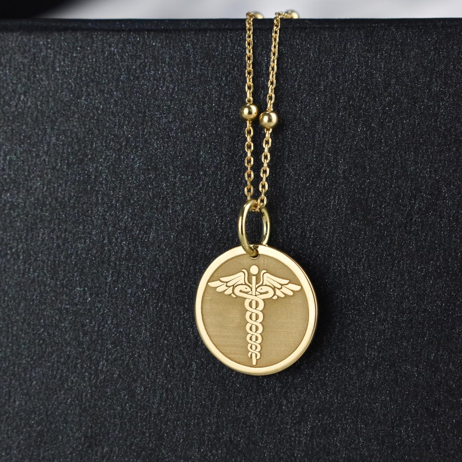 14K Gold The Caduceus Necklace | Medical Symbol Charm | Dainty Caduceus Medallion | Personalized Medic Coin Pendant | Medical Jewelry | Gift for Doctor | Medical Alert Symbol Disc | Gift for Nurse