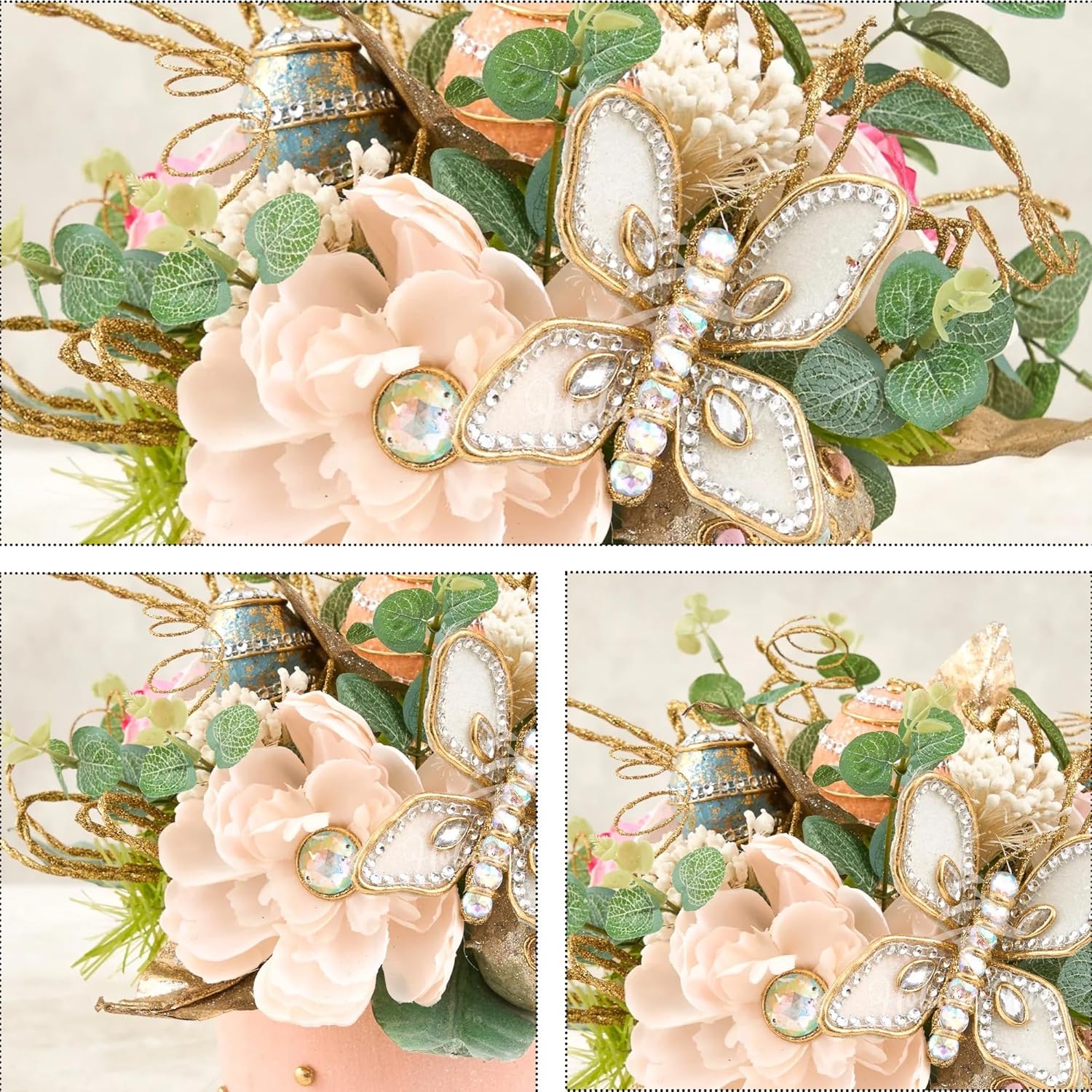 Holiday Tree Easter Floral Arrangement with Peonies, Roses, Jeweled Butterflies, Greenery and Easter Eggs, Pink Centerpiece, 10" x 10" x 10