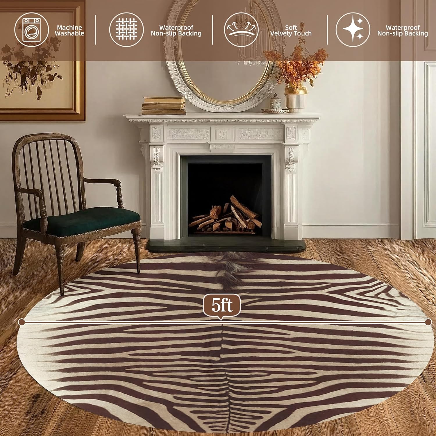 Taupe Brown Zebra Print Faux Cowhide Round Rug, 3x3 ft Ultra-Thin Rustic Cowhide Look Non-Slip Circle Mat for Modern Living Spaces, Western Home Decor