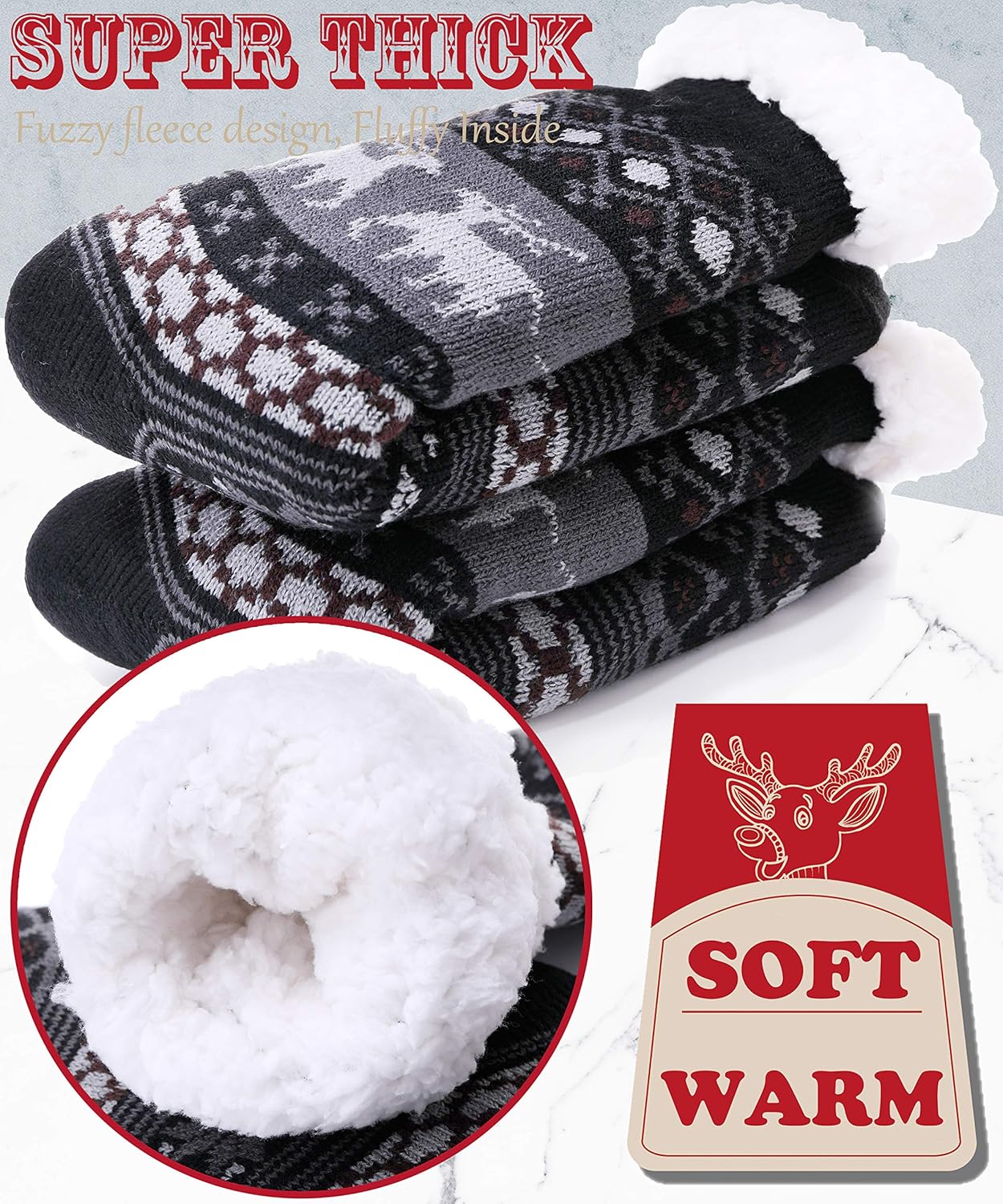EBMORE Mens Slipper Fuzzy Socks Fluffy Winter Cabin Cozy Warm Soft Fleece Thick Comfy Gift Socks with Grips - Image 3