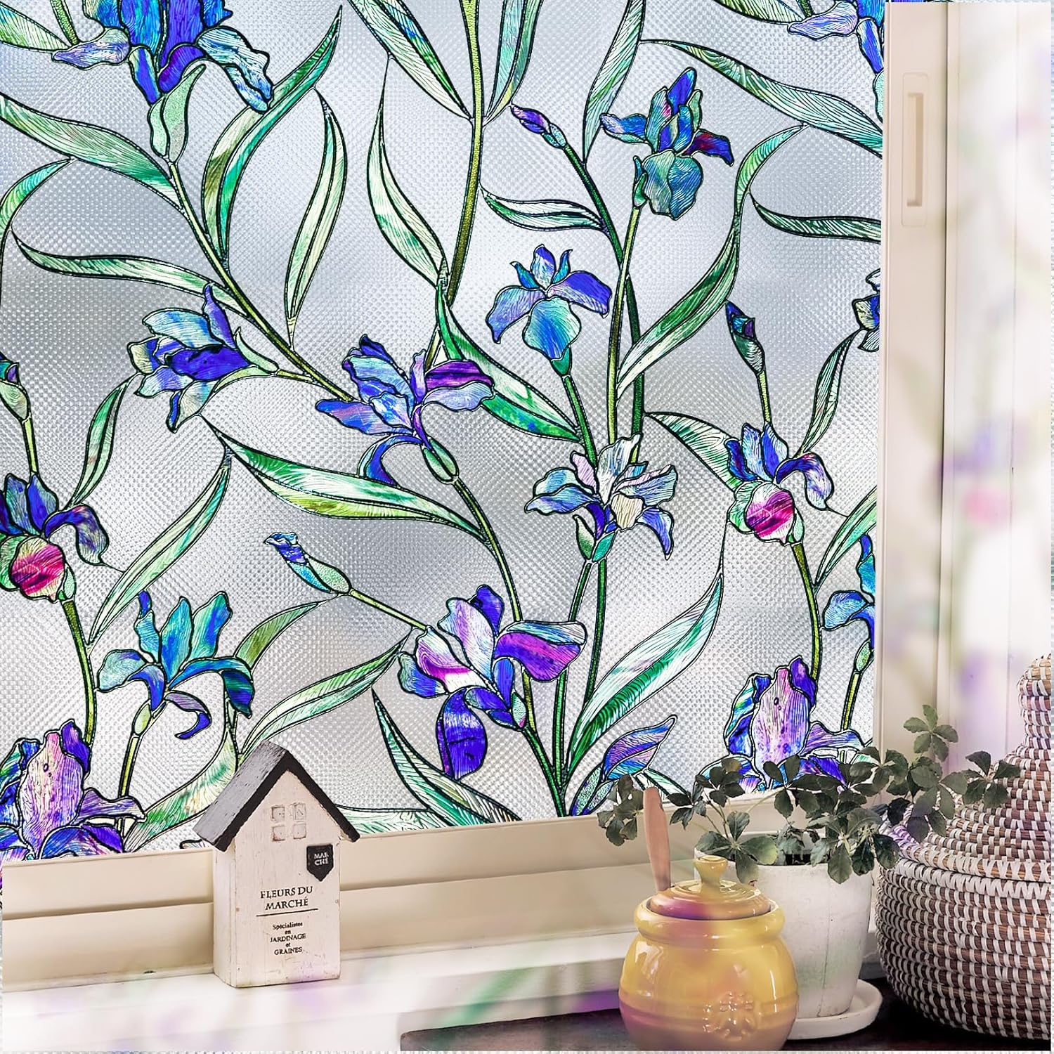 SUNBABY Stained Glass Window Film:288,3D Decorative Window Privacy Film, Window Decals,Non-Adhesive Heat Control Anti UV Vinyl Static Clings,35.4 x 78.7 Inches 35.4 x 78.7 inches Clean Blue Blossom