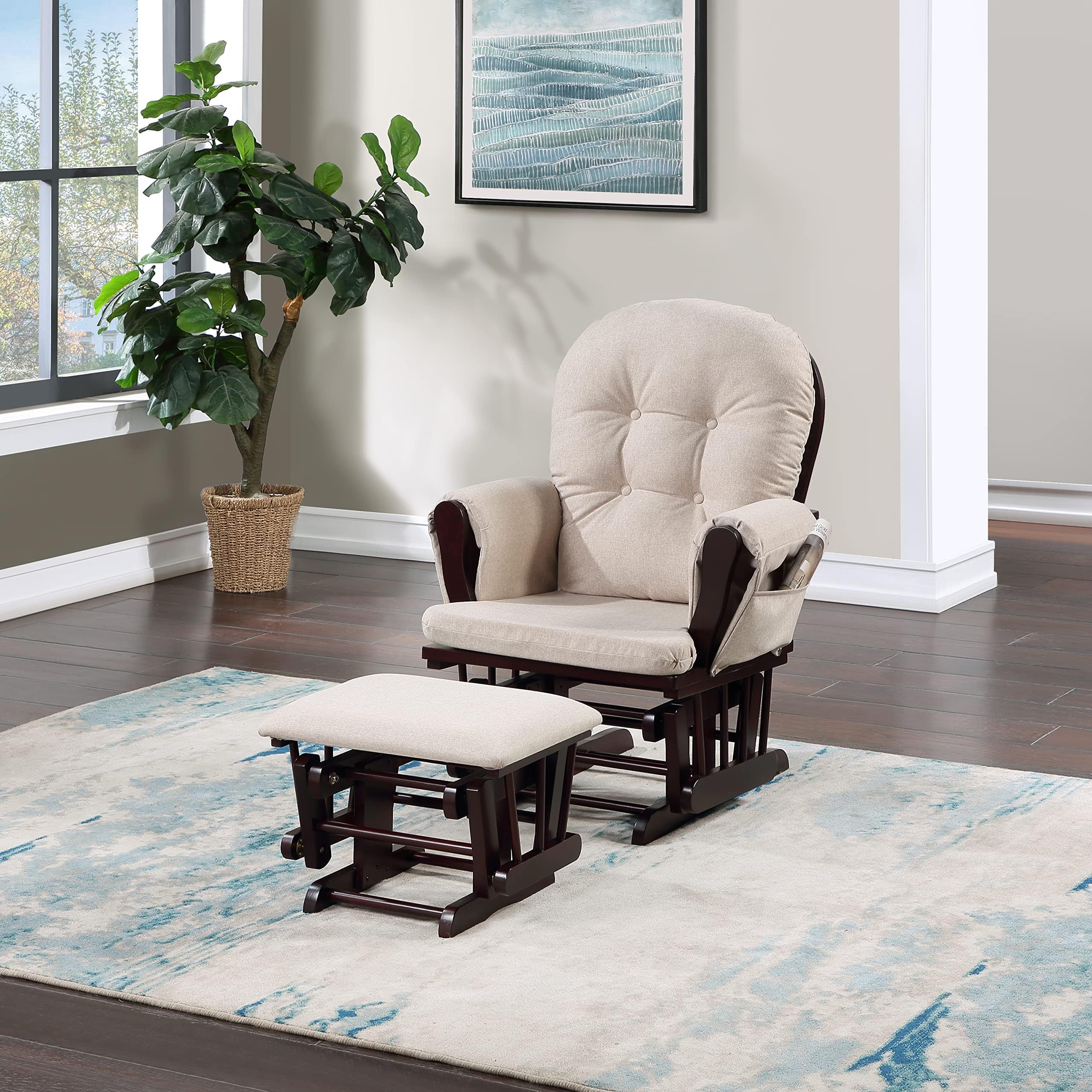 Suite Bebe Carson Glider and Ottoman in Espresso Wood and Latte Fabric