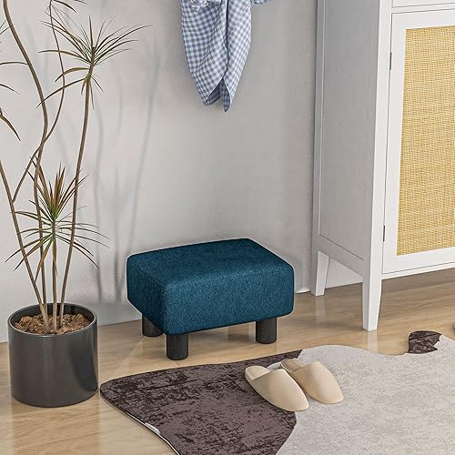 Miniatura 7 de HOMCOM Reposapiés otomano, taburete pequeño con tapicería de tela de lino y patas de plástico, otomana cubo para sala de estar, azul