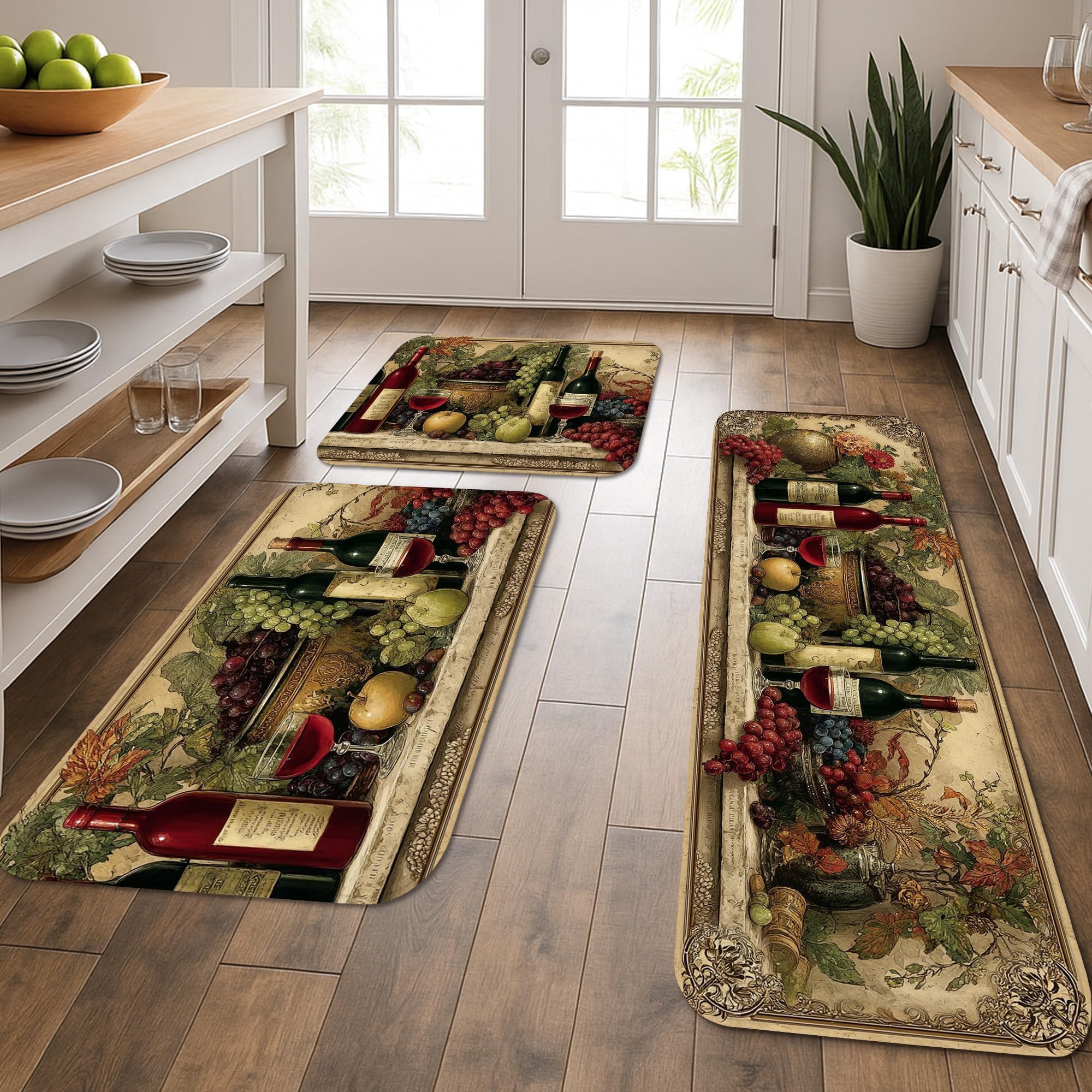 Vintage Wine Kitchen Mats for Floor, Classic Grapes and Bottles Design Soft Mats, Cushioned Comfort Washable Decor Rugs for Kitchen Sinks Laundryroom Bathroom 3Pcs