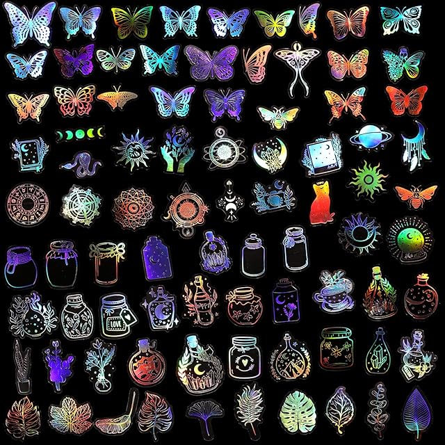Grevosea 200 Pieces Shiny Holographic Stickers, Resin Transparent Stickers Butterfly Stickers Waterproof Coloful Decorative Sticker for Phone Case Scrapbooking Planner Water Bottles Laptop
