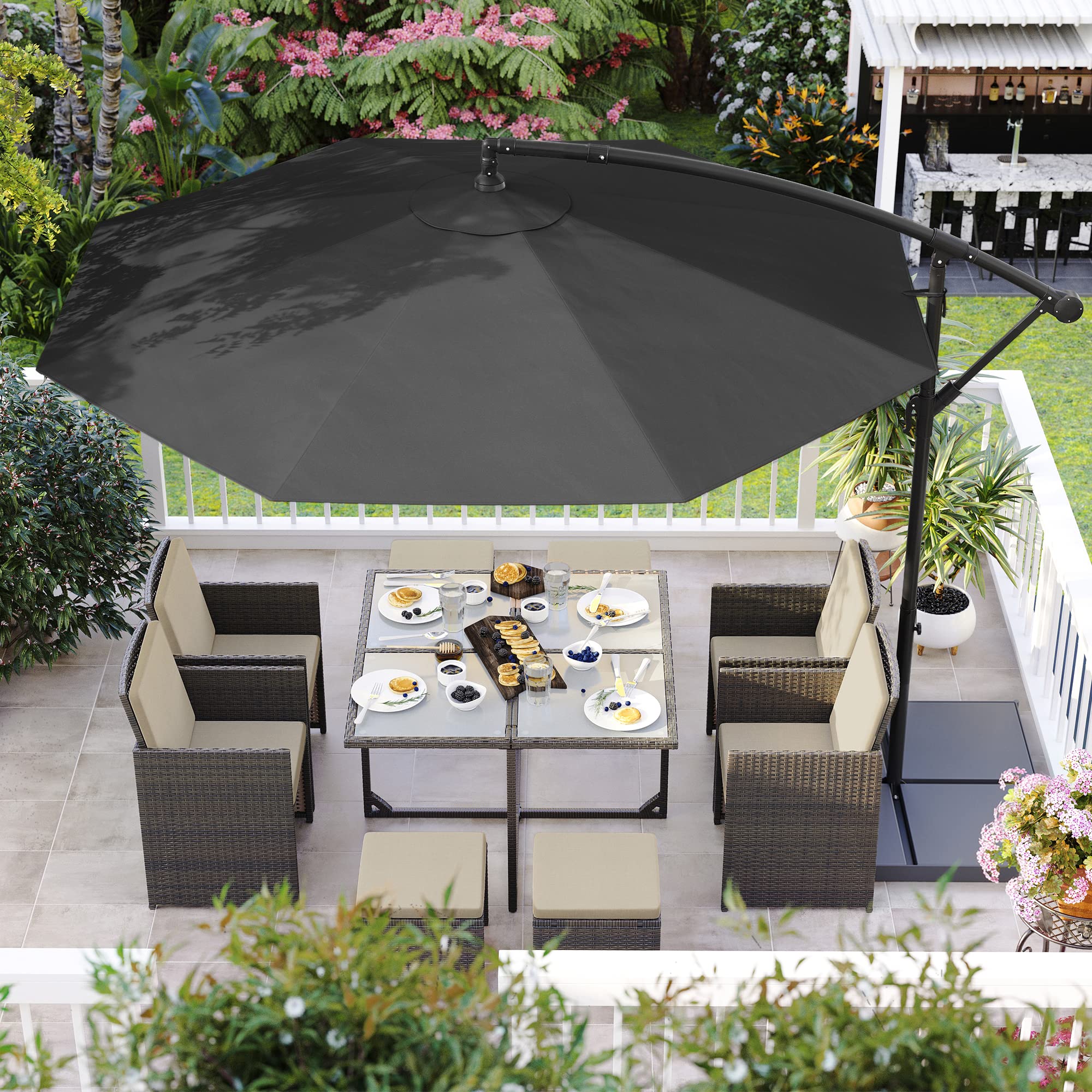 SONGMICS Parasol ogrodowy na wsporniku, 3 m, bananowy parasol tarasowy z podstawą, wiszący parasol z korbą do otwierania zamykania, osłona przeciwsłoneczna z ochroną UPF 50+