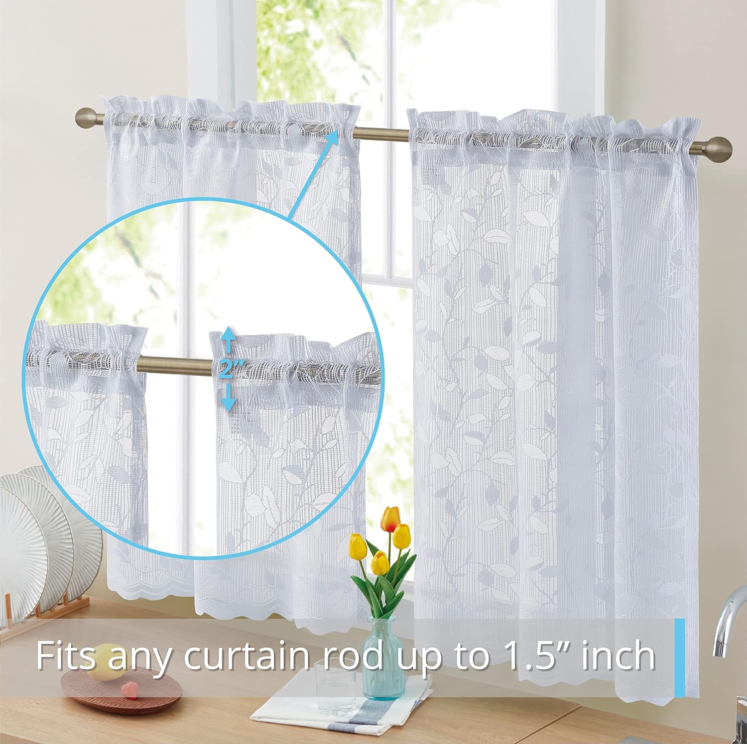 HLC.ME Joyce Lace Sheer Kitchen Cafe Curtain Tiers for Small Windows, Kitchen & Bathroom - 30 W x 36 L Inch (White Tiers, Set of 2)