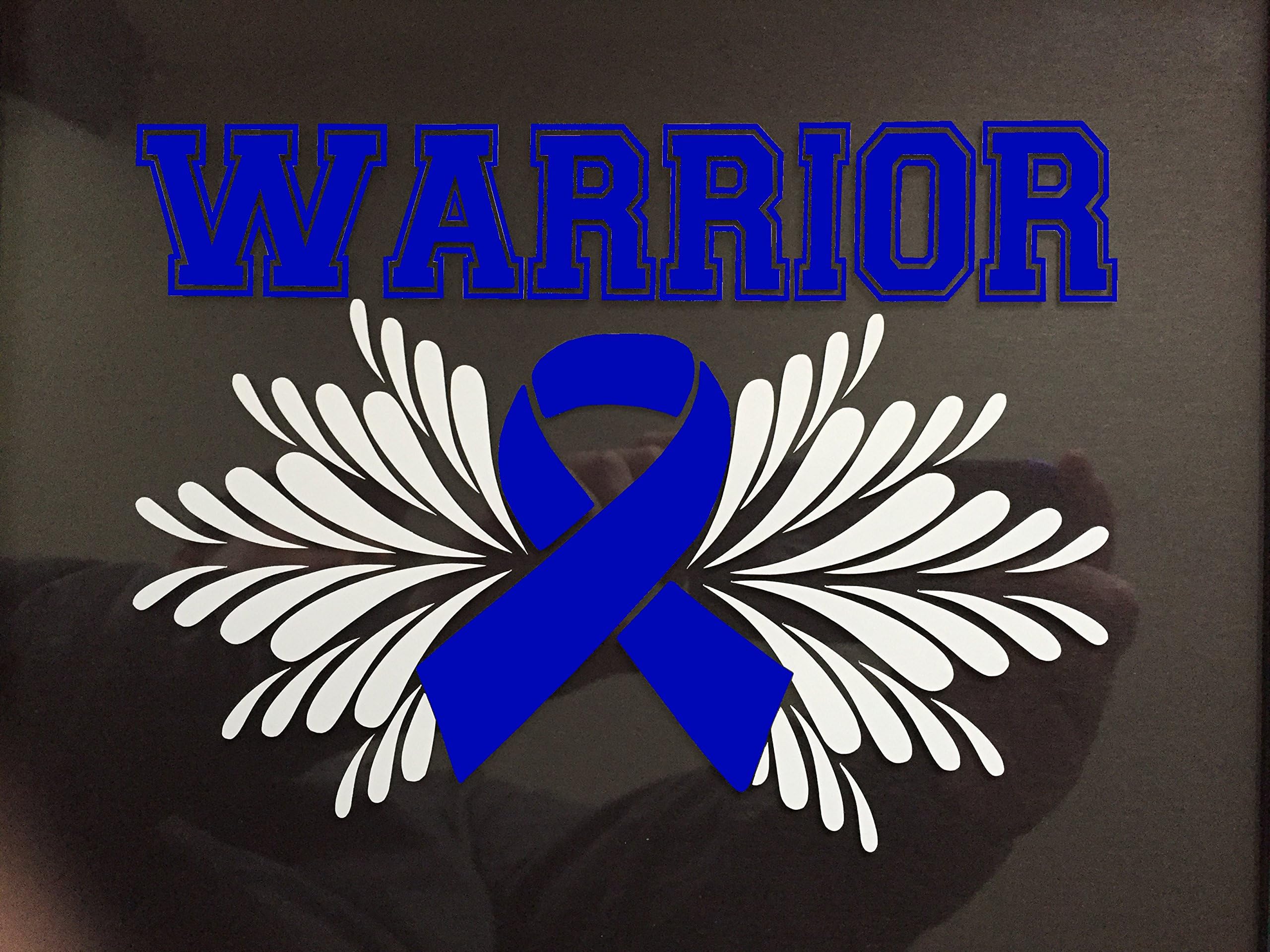 Blue Awareness Ribbon Warrior Window Decal (Apraxia, Child Abuse, colon cancer, colorectal cancer, colitis, chron's, Huntingtons disease)