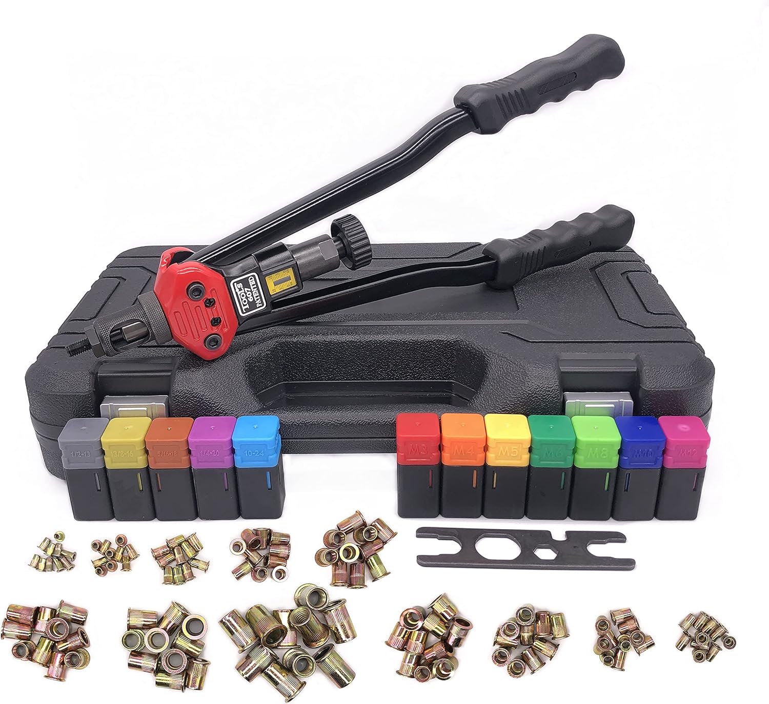 Black Friday Clearance PHINIC 16 Inch Professional Hand Rod Rivet Tool Setter Kit Threaded Riveter with 12 Metric & SAE Mandrels and 120 pcs Rivnuts, Labor-Saving Design, Rugged Carrying Case