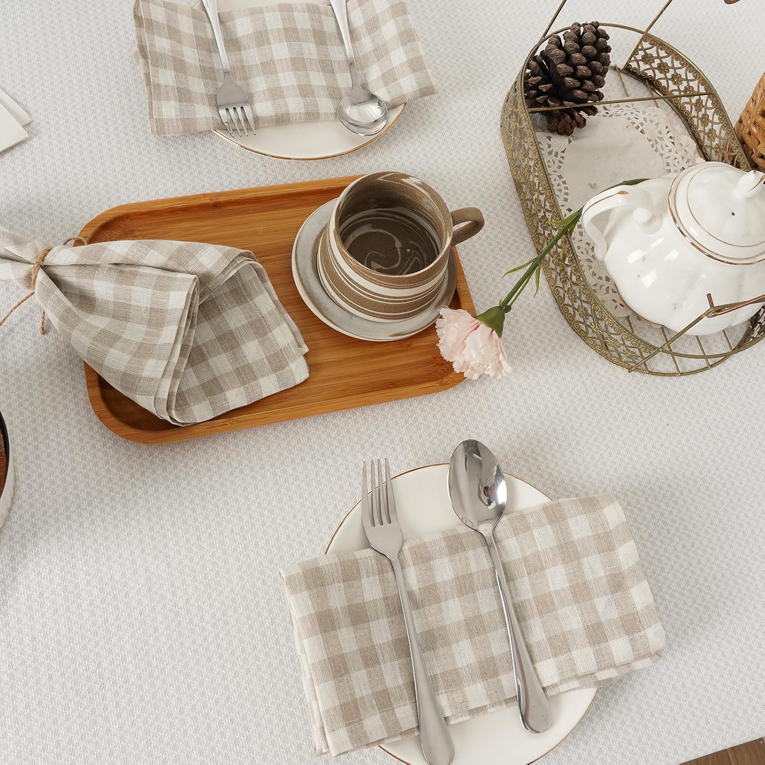 100% Pure Linen Napkins Set of 4 - Check Linen Dinner Napkins Cloth Washable 20 x 20 Inch for Home and Dining Decor,Wedding,Party (Khaki/Medium Check)