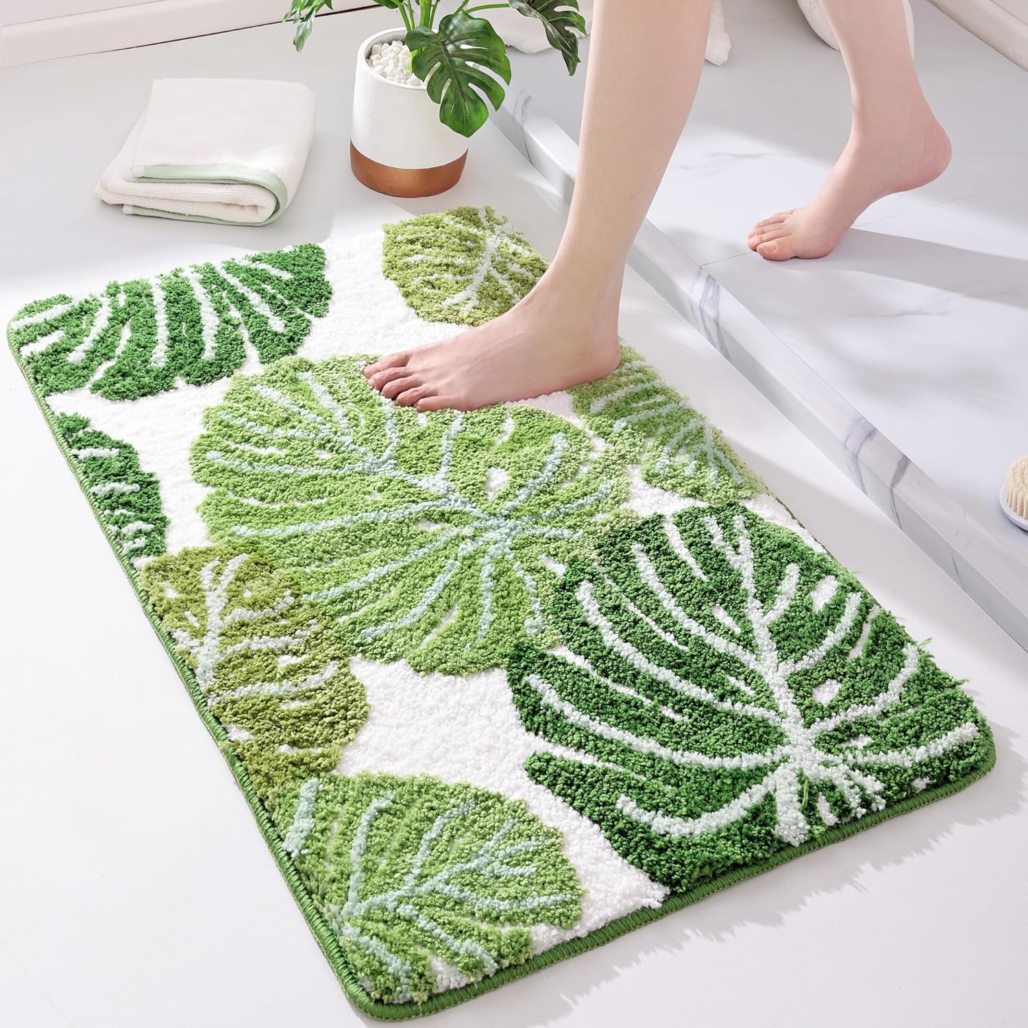 Panstar Green Leaves Bath Mat, Non Slip Large Plant