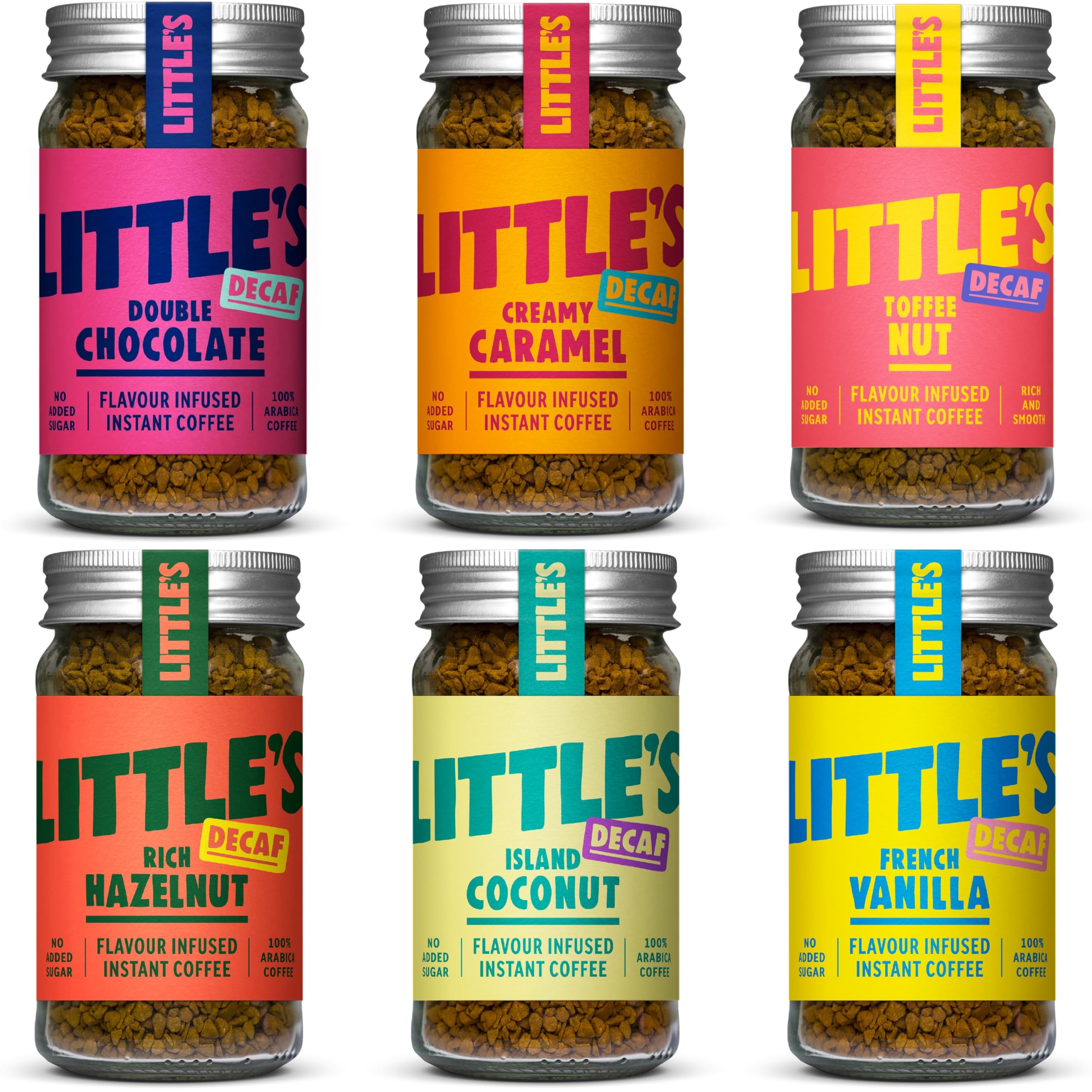 Little's Flavoured Decaf Bundle Instant Coffee, 6 Pack (50g x 6) - Decaffeinated Coffee, Flavours: Toffee, Vanilla, Chocolate, Hazelnut, Caramel, Coconut - Vegan Friendly, Low Calories, No Added Sugar