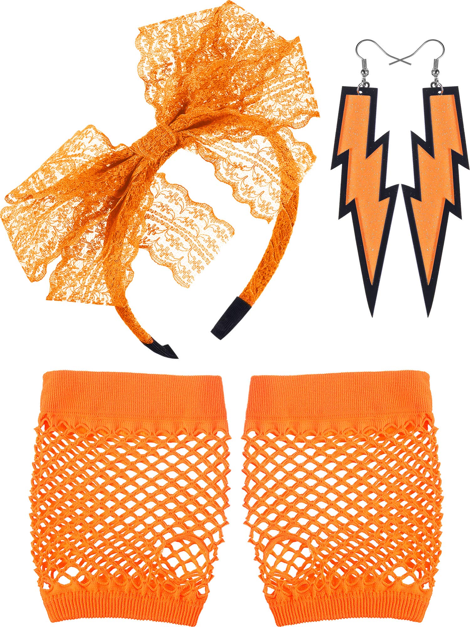 Blulu 80s Accessories for Women Lace Headband Neon Earrings Fishnet Gloves for 80s Retro Party Fancy Dress Masquerade