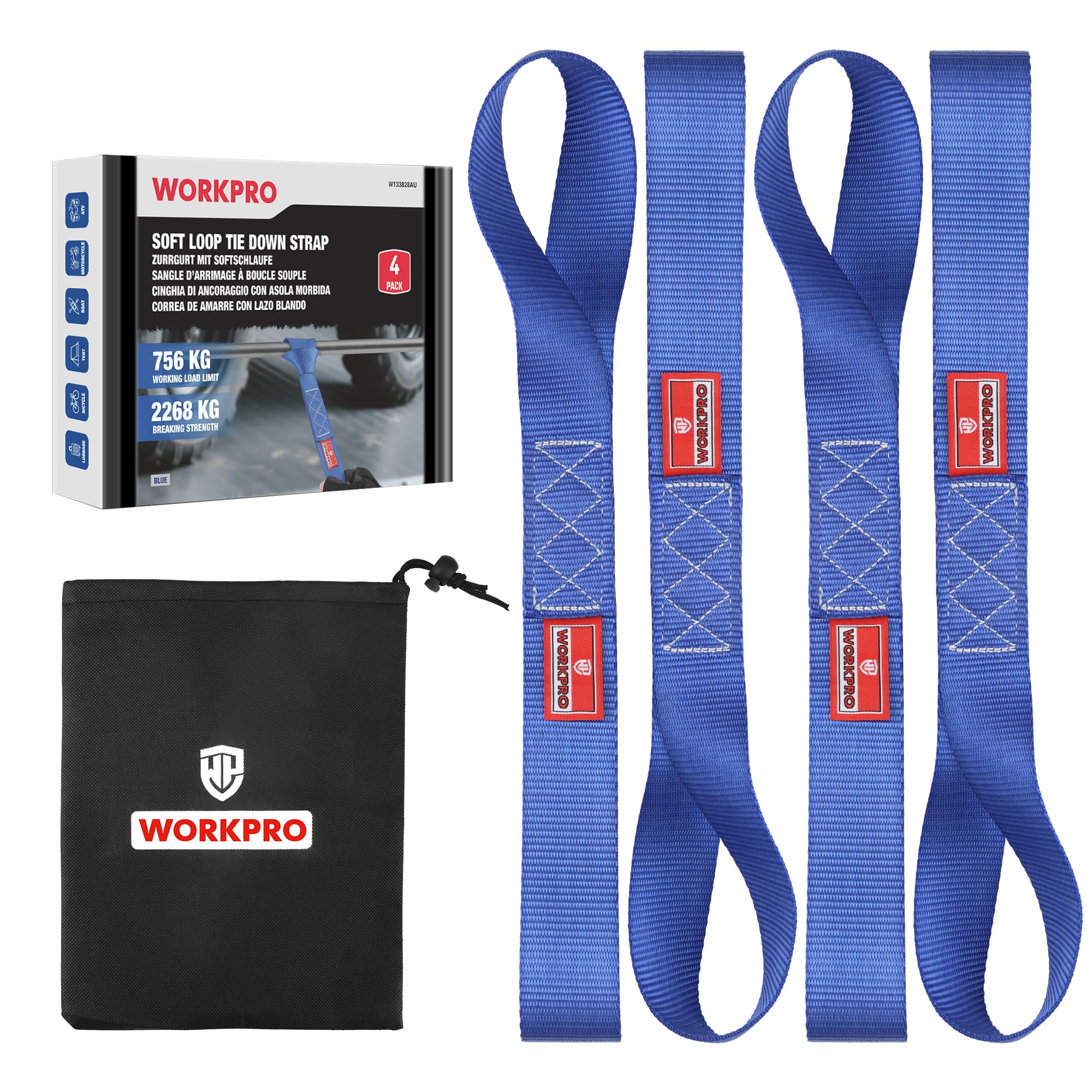 WORKPRO 4 Stück Zurrschlaufen mit eine Tasche, 43cm×4cm, 756 KG Belastungsgrenze, Zurrschlaufen für Motorrad und Fahrrad Transport, Gurtschlaufen Haltegurt für Gepäck und Zelt Camping, blau