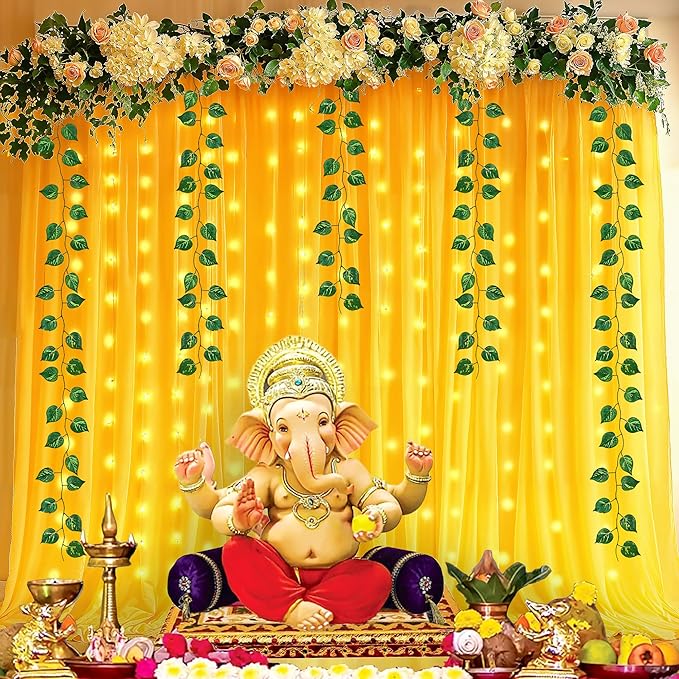 Party Propz Yellow Backdrop for Decorations - 8 pcs Ganpati Decoration Setup for Home, Haldi Decoration Items for Home, Ganpati Backdrop Decorations, Ganesh Chaturthi Setup (Net Curtain)