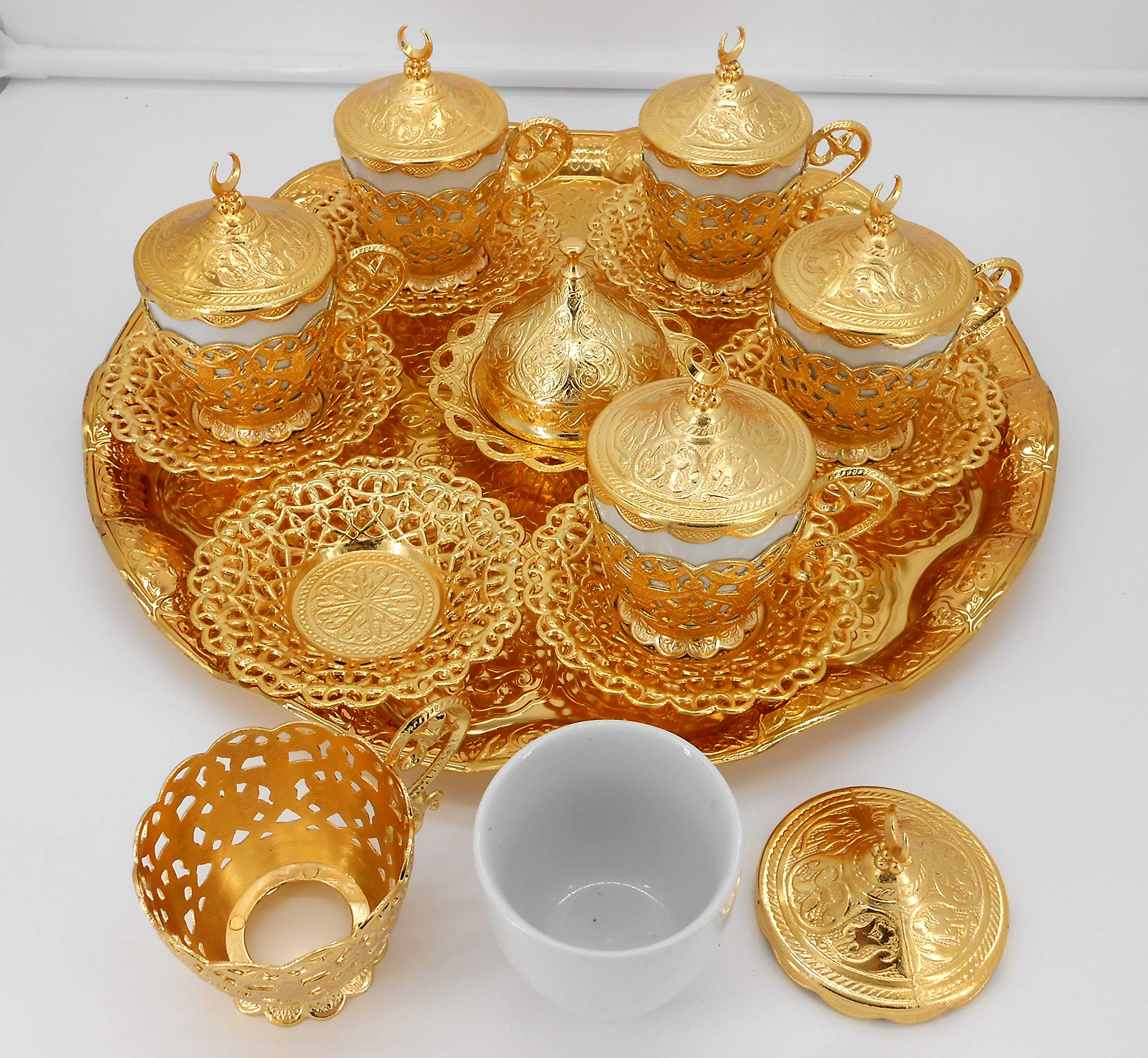 Gold color Set of 6 coffee cups with metal saucer, cup holder, lid & tray/Moroccan drink ware/Home decorative
